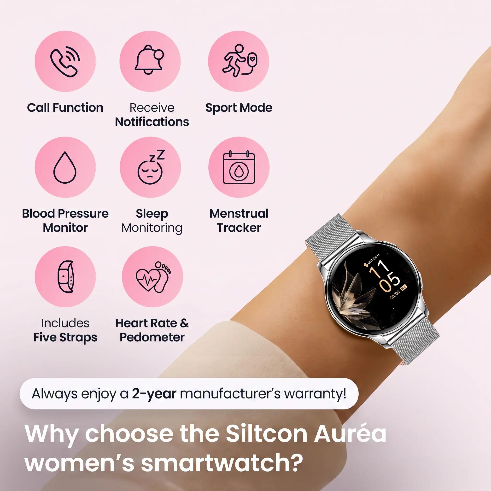 Smartwatch Auréa AMOLED – Hartslagmeter, 5 Bandjes – Zilver 5/11