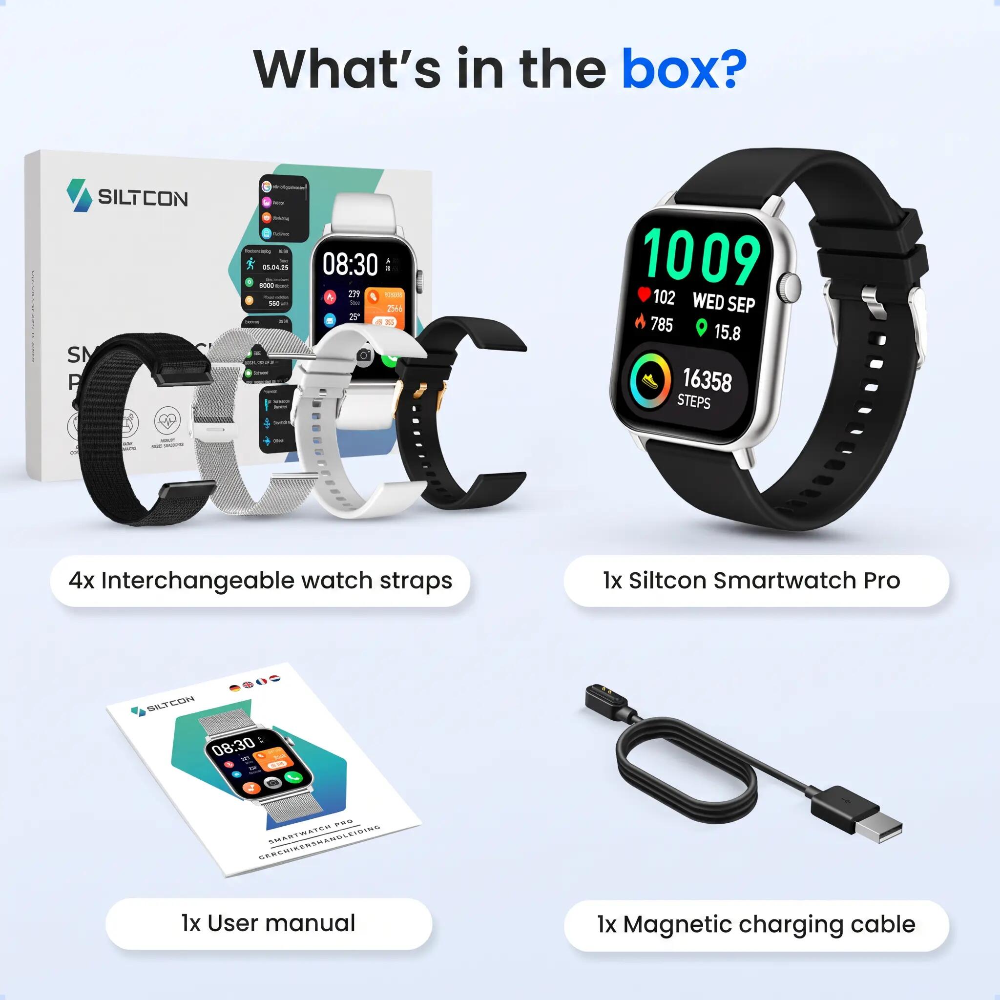Smartwatch Pro belfunctie hartslagmeter 4 bandjes zilver 11/14