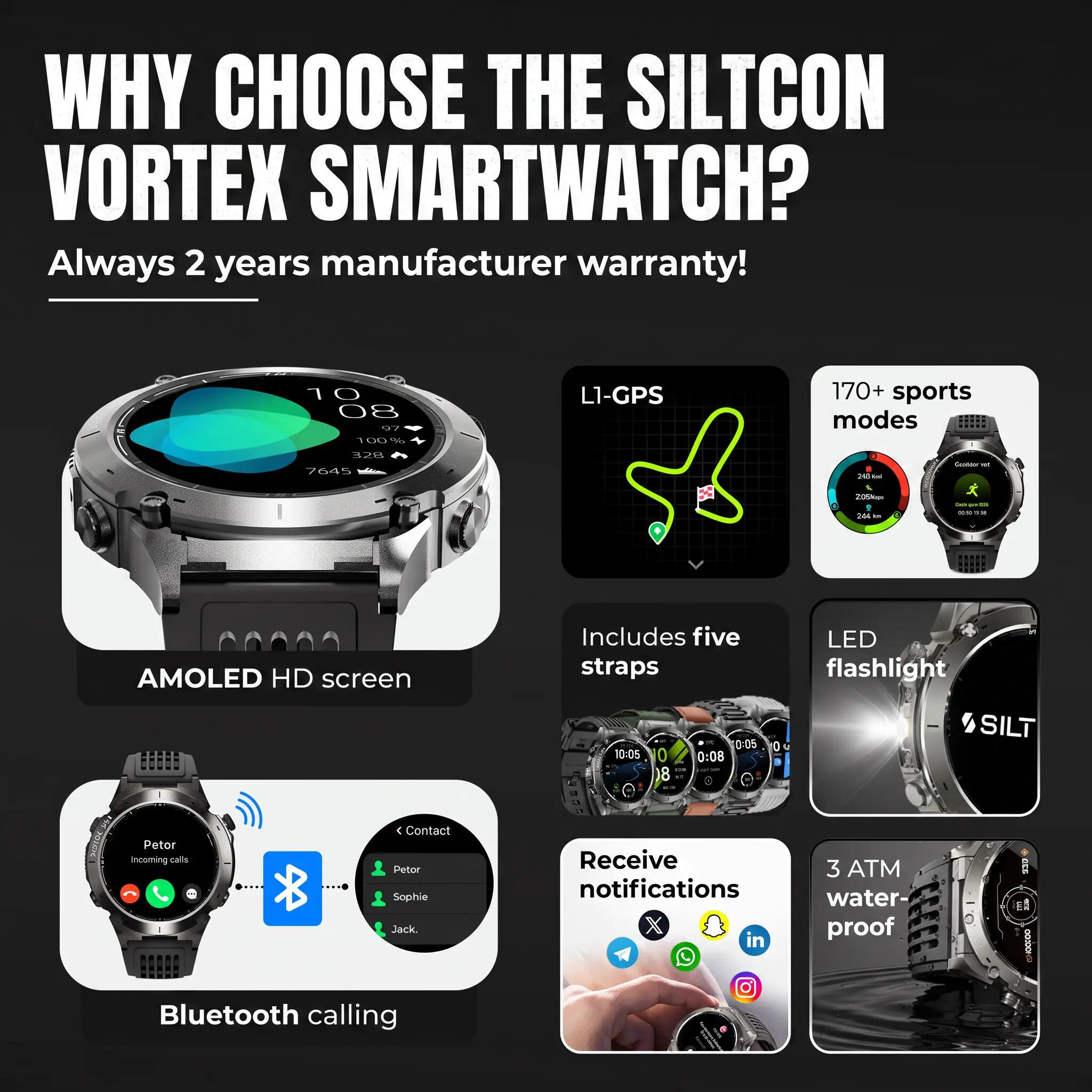 Smartwatch Vortex GPS – AMOLED, Belfunctie en 200+ Sportmodi 11/11