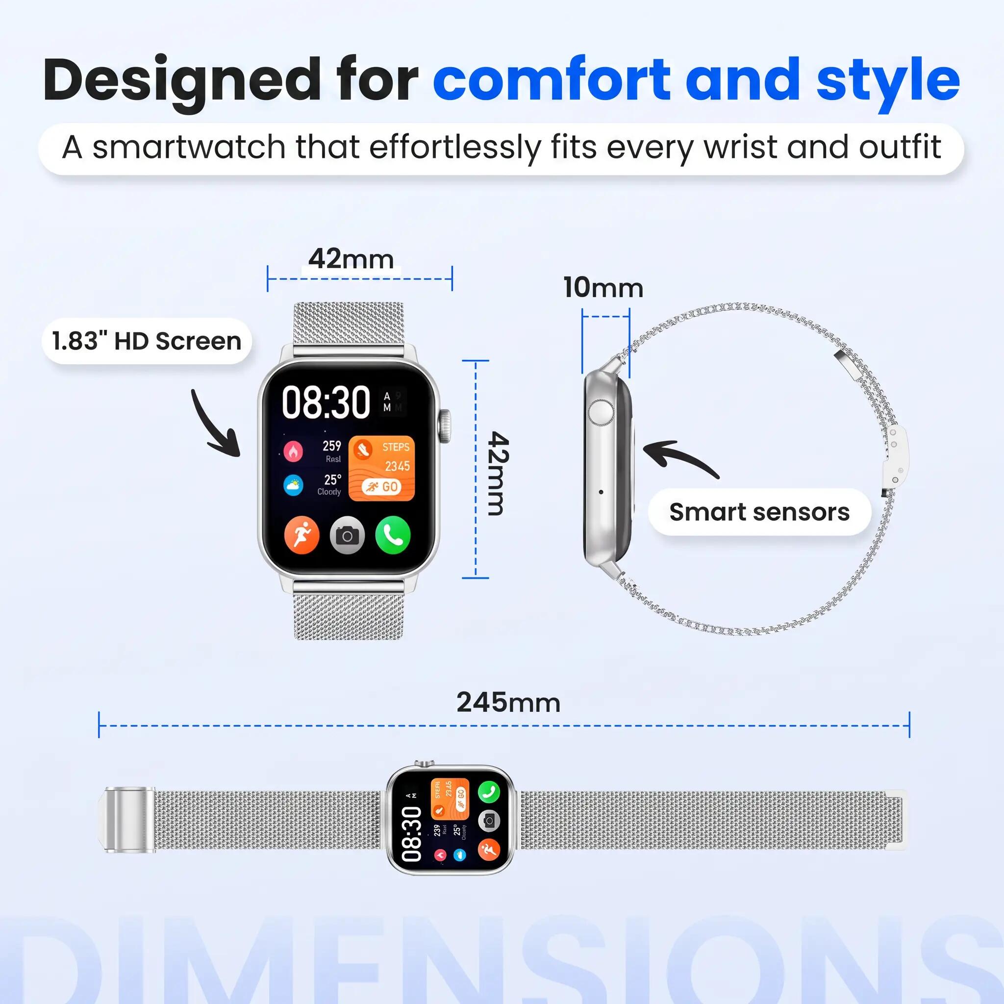Smartwatch Pro belfunctie hartslagmeter 4 bandjes zilver 10/14