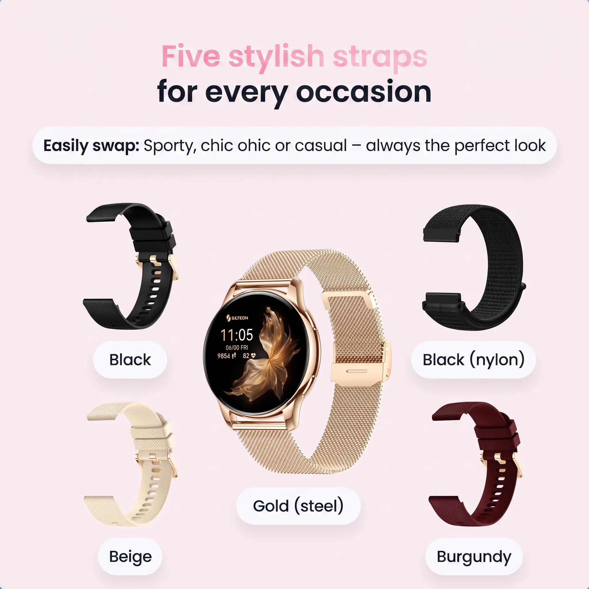 Aurea AMOLED Smartwatch – Herzfrequenzmesser, 5 Armbänder – Gold 10/11