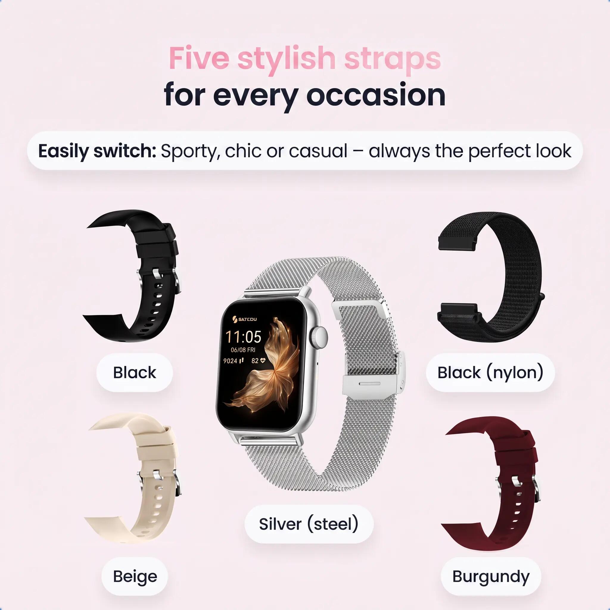 Smartwatch Seréa AMOLED – Belfunctie – 5 Bandjes – Zilver 9/11
