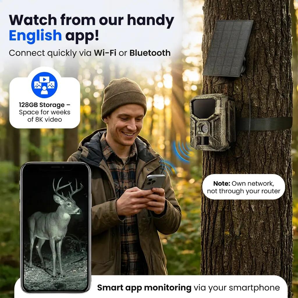 Wildkamera 8K 64MP – No-Glow, WLAN und Solar – 128GB SD 4/12