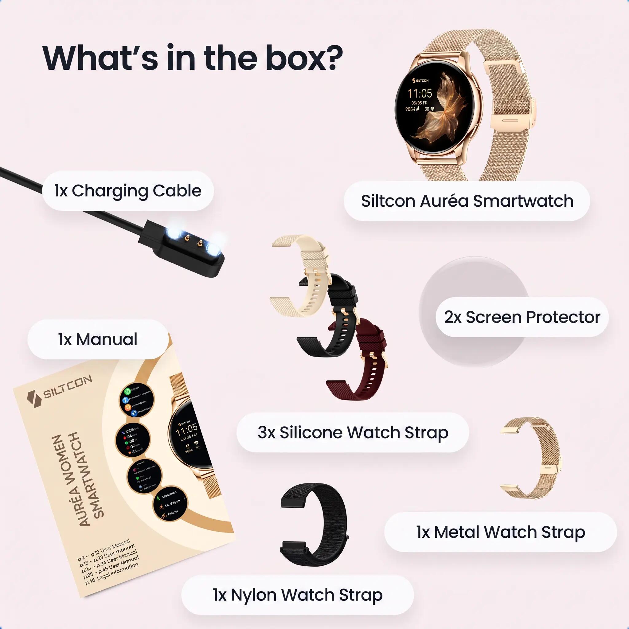 Aurea AMOLED Smartwatch – Herzfrequenzmesser, 5 Armbänder – Gold 6/11