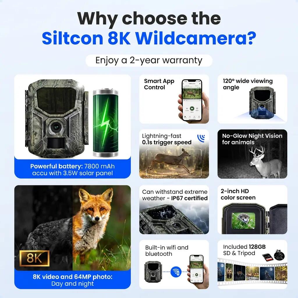 Wildkamera 8K 64MP – No-Glow, WLAN und Solar – 128GB SD 11/12