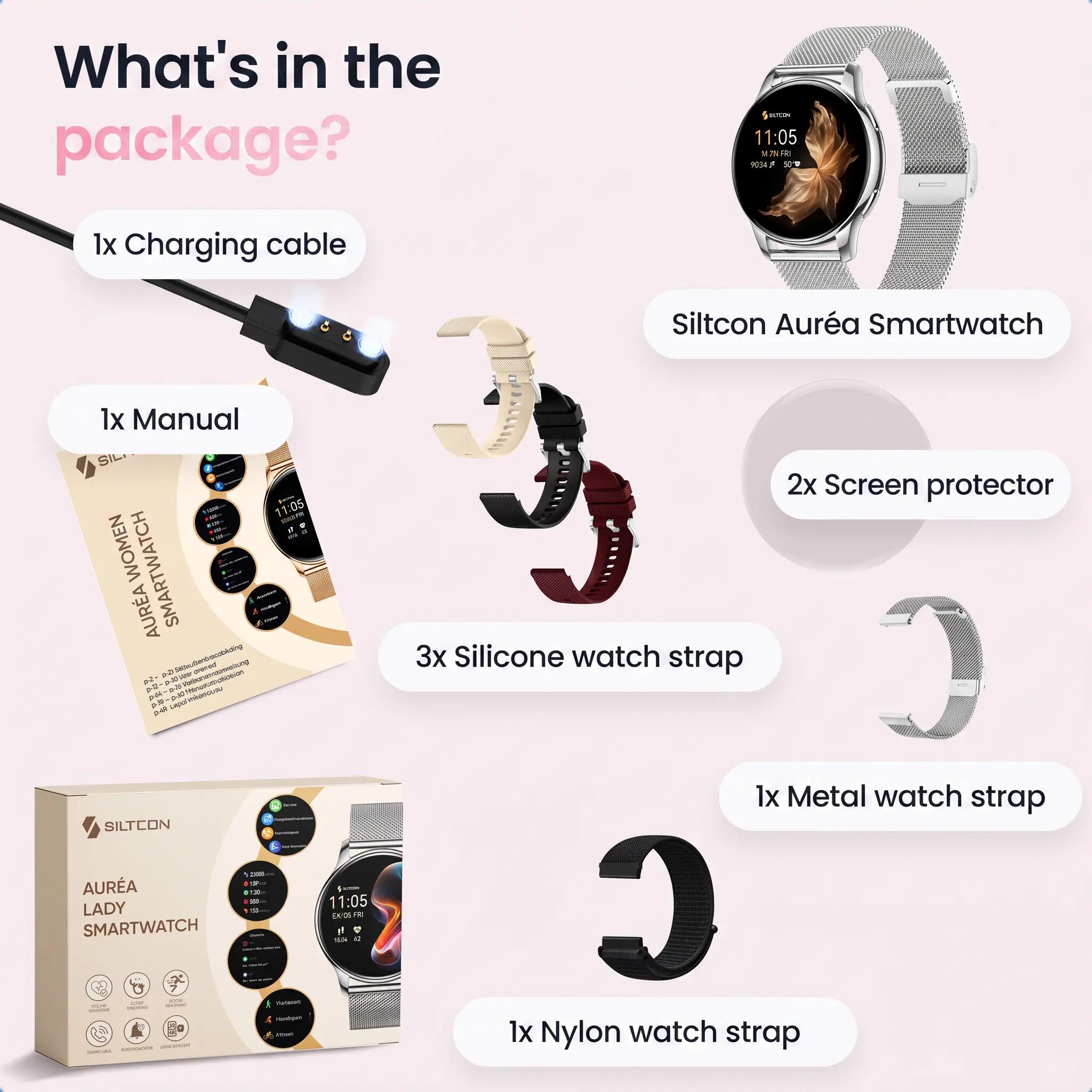Smartwatch Auréa AMOLED – Hartslagmeter, 5 Bandjes – Zilver 6/11