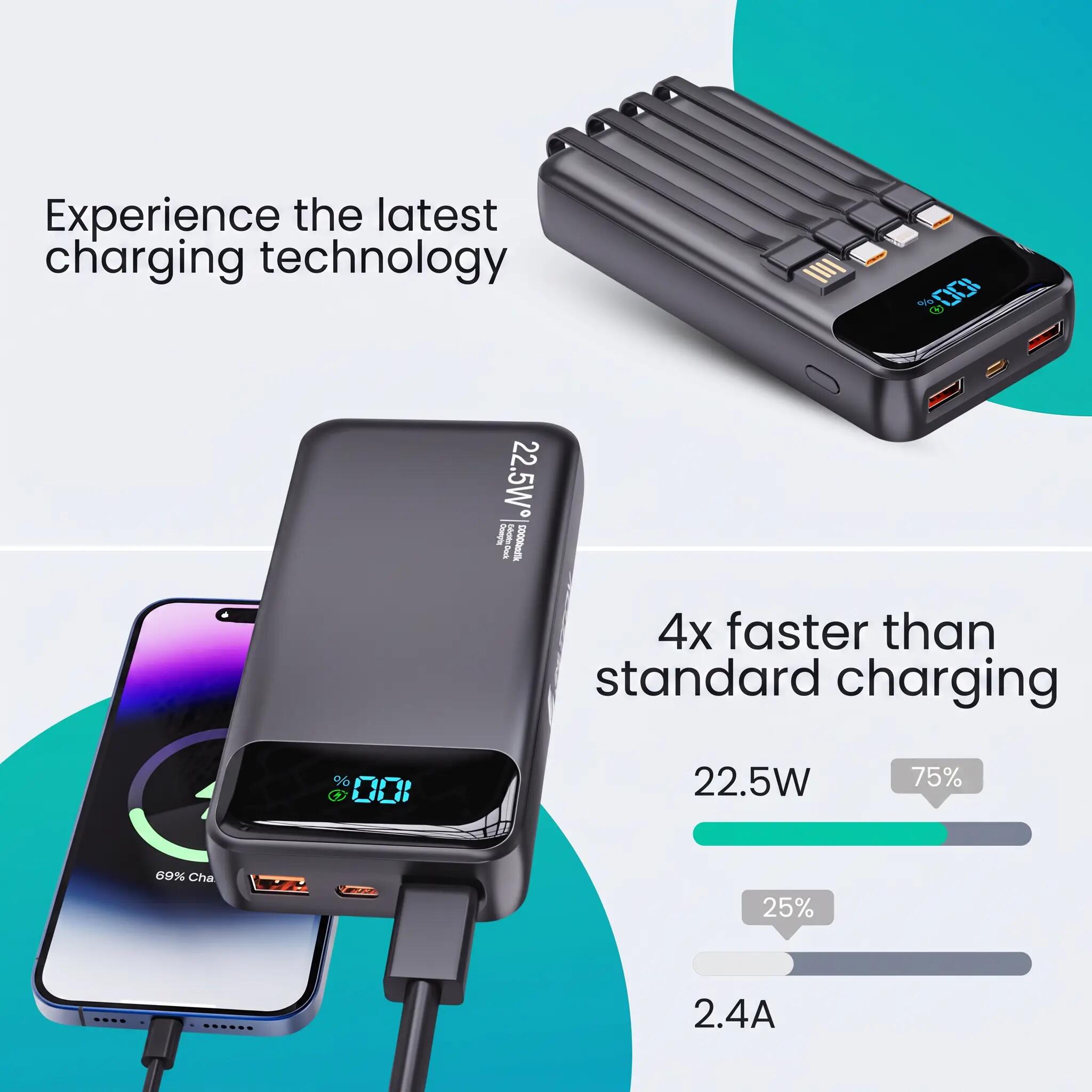 Batterie externe  30 000 mAh, chargeur rapide USB-C 22,5 W avec 4 câbles, noir 5/15