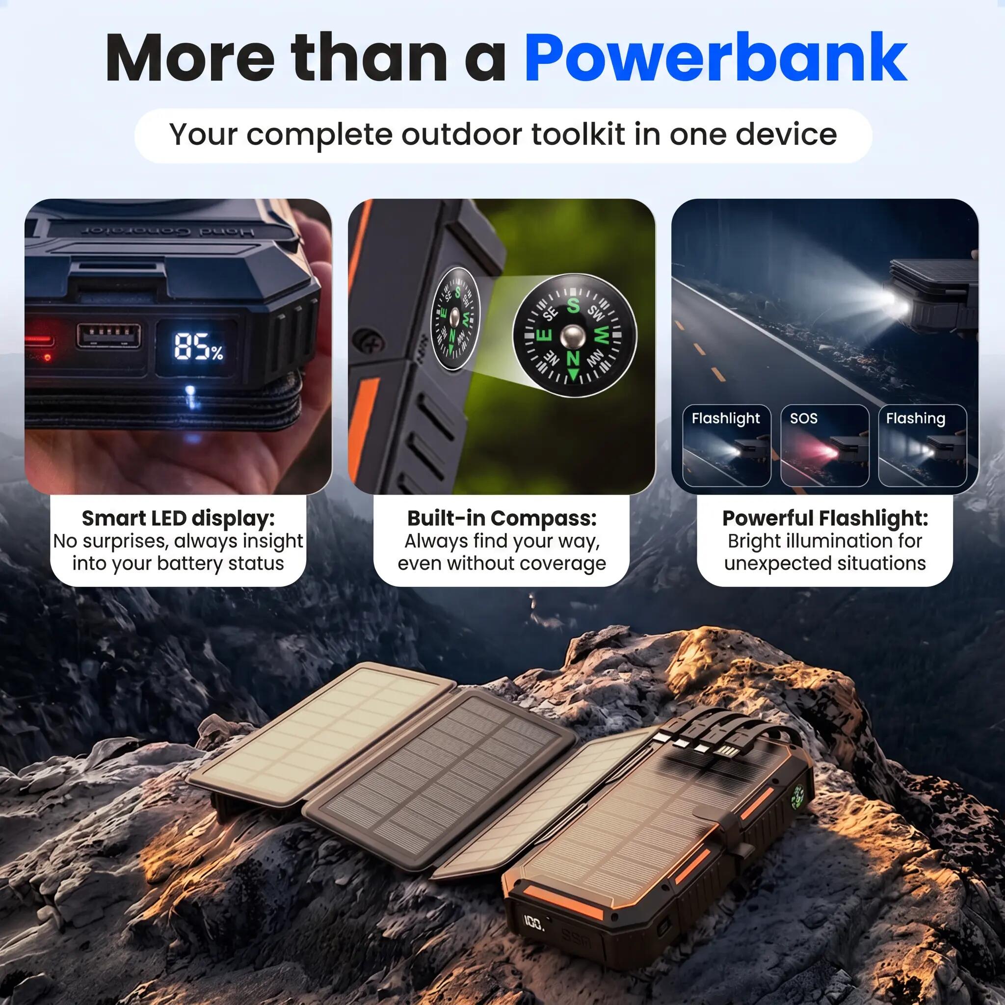 Powerbank Solar 20000mAh - Draadloos - Handslinger - 4 Panelen 5/12