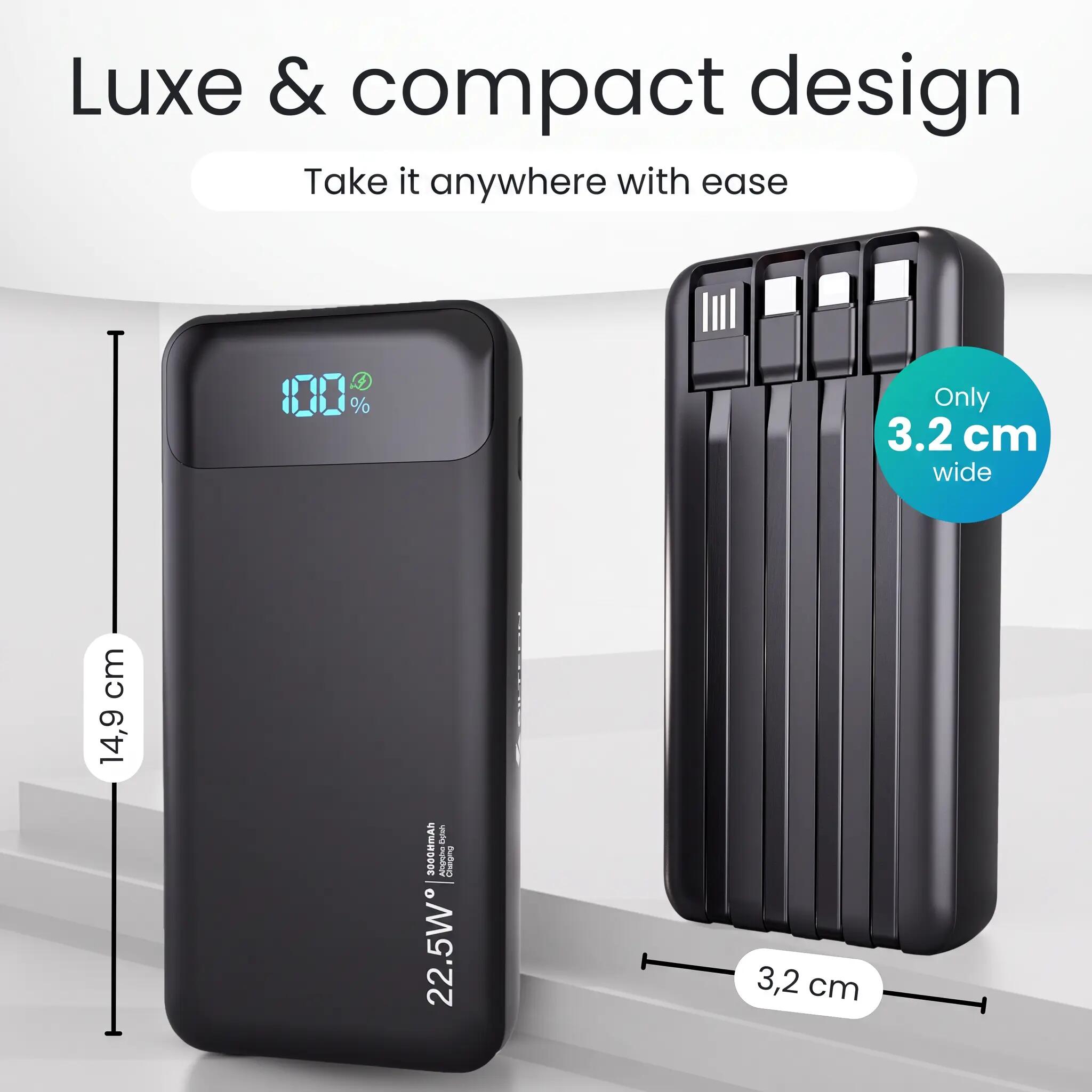 Batterie externe  30 000 mAh, chargeur rapide USB-C 22,5 W avec 4 câbles, noir 4/15