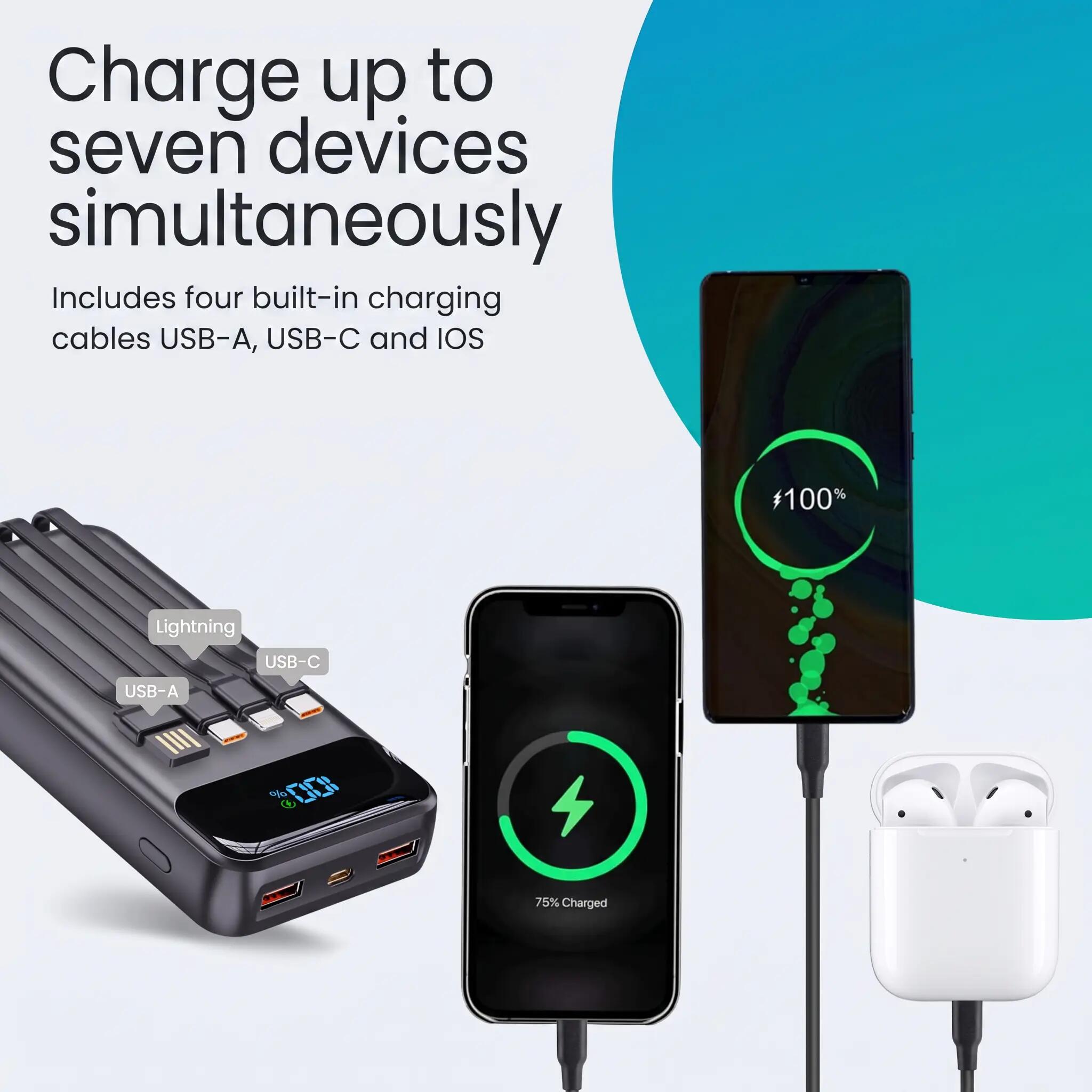 Batterie externe  30 000 mAh, chargeur rapide USB-C 22,5 W avec 4 câbles, noir 3/15