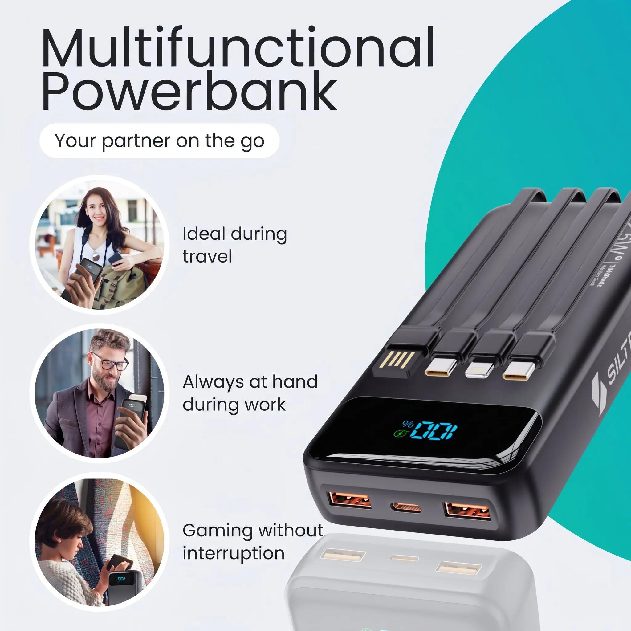 Batterie externe  30 000 mAh, chargeur rapide USB-C 22,5 W avec 4 câbles, noir 12/15
