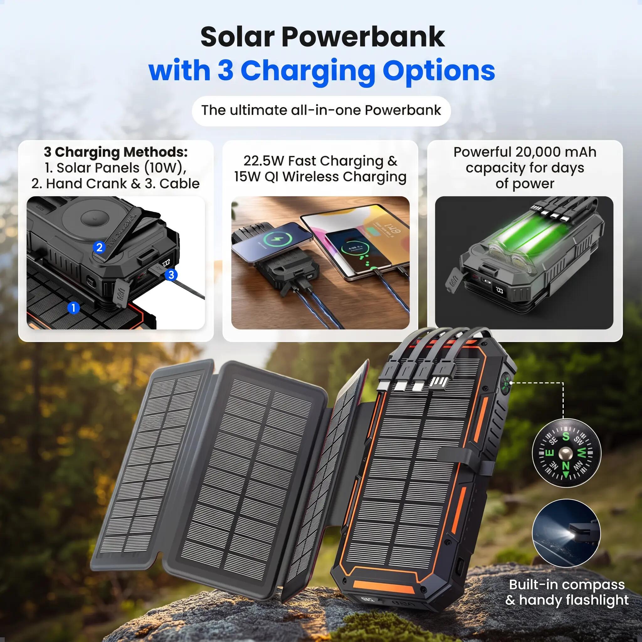 Powerbank Solar 20000mAh - Draadloos - Handslinger - 4 Panelen 3/12