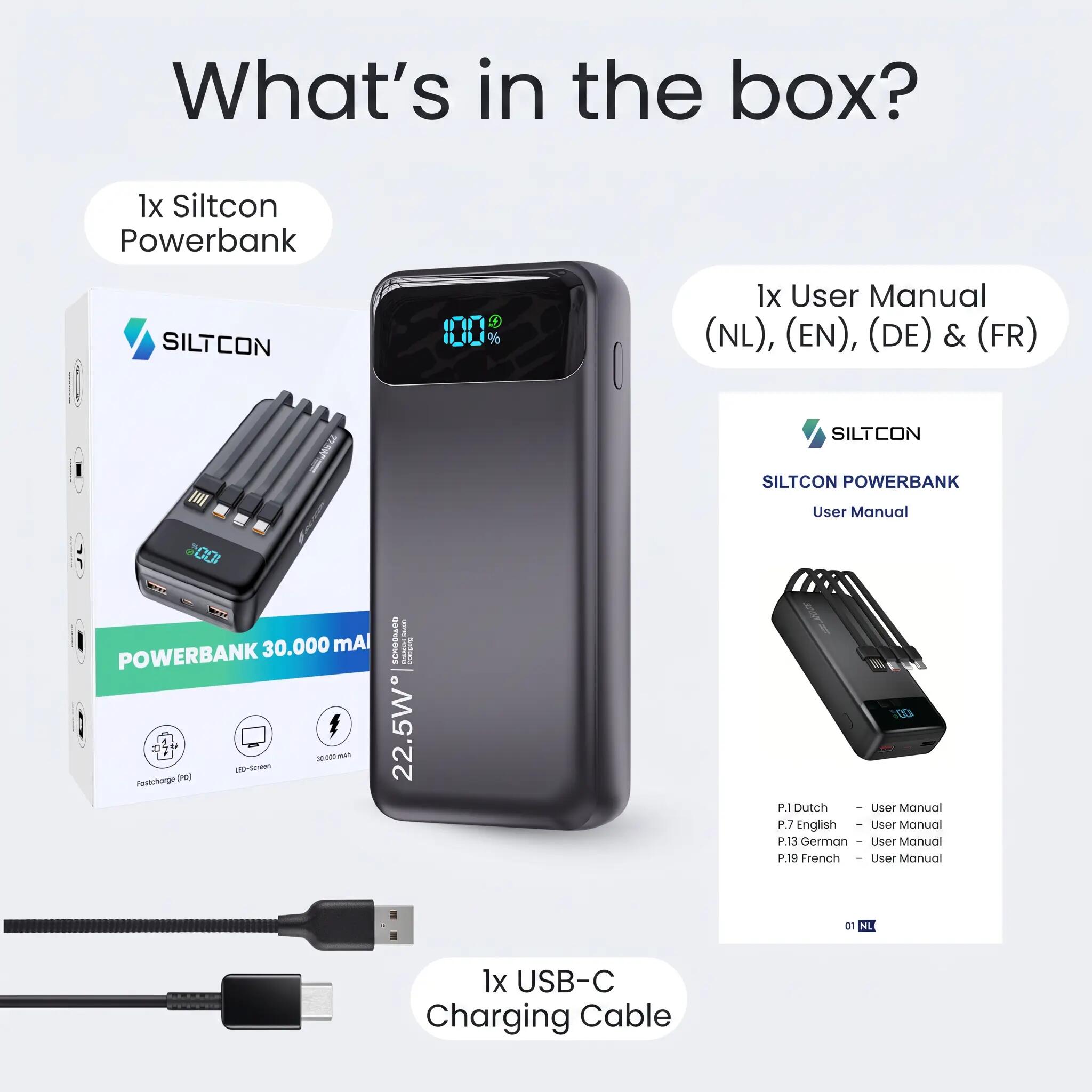 Batterie externe  30 000 mAh, chargeur rapide USB-C 22,5 W avec 4 câbles, noir 10/15