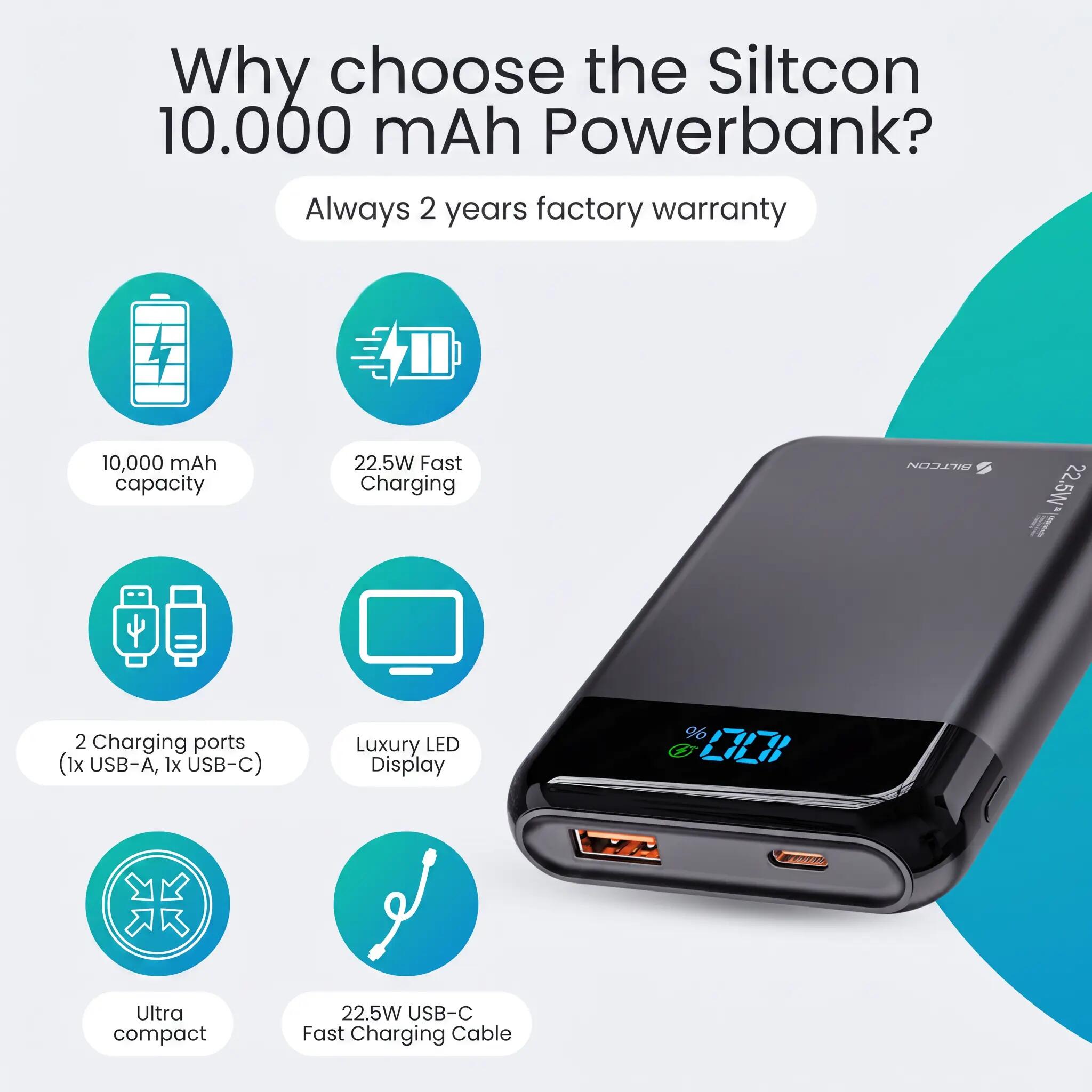 Powerbank 10000 mAh 22,5 W USB-C USB-A schwarz 8/14
