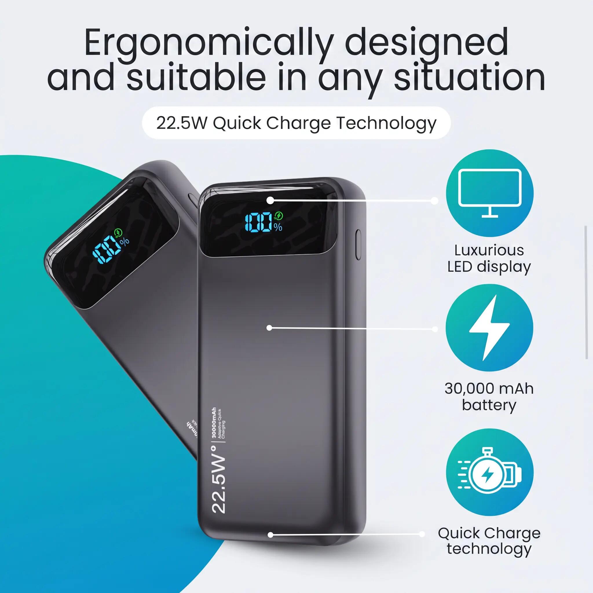 Batterie externe  30 000 mAh, chargeur rapide USB-C 22,5 W avec 4 câbles, noir 8/15