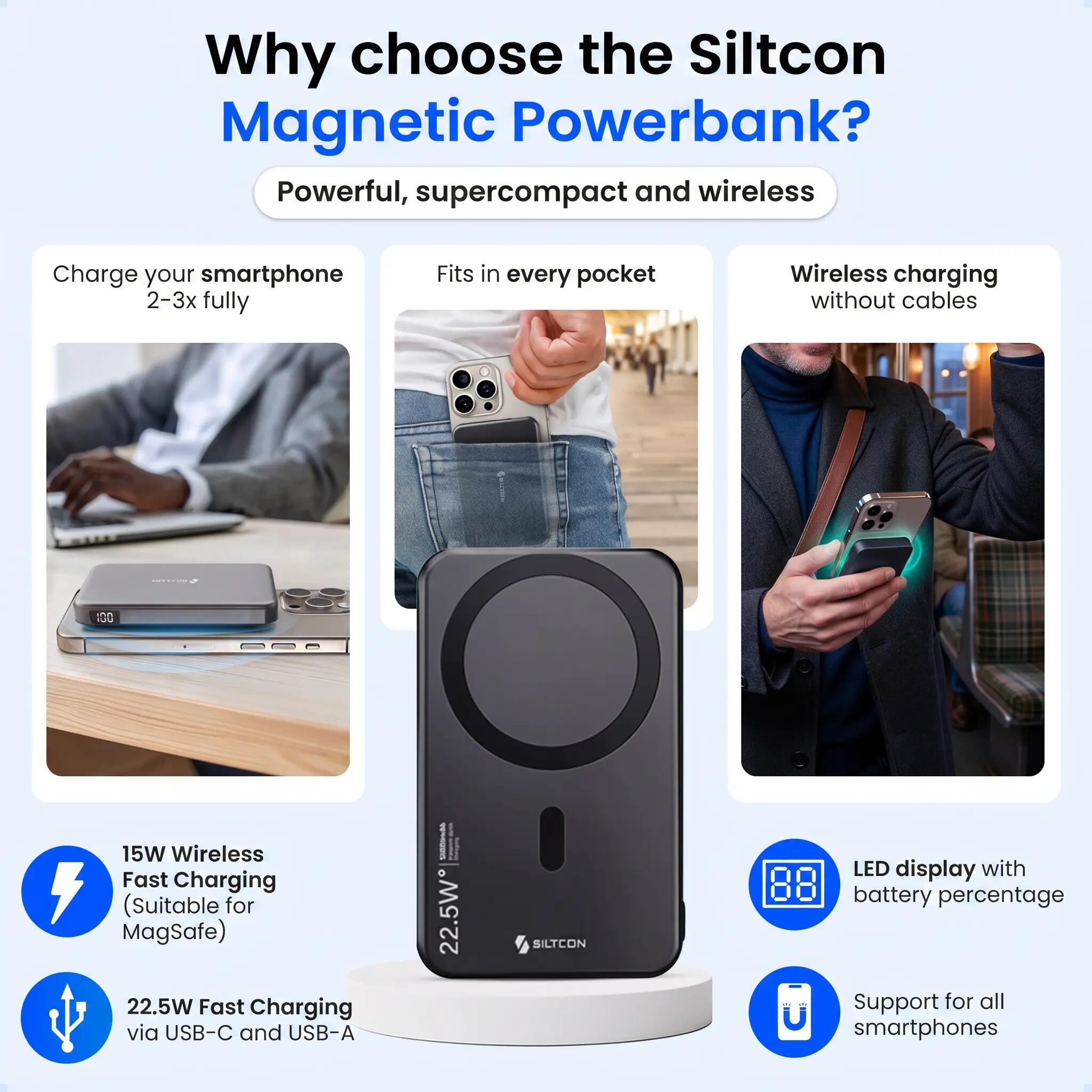 Powerbank 10000 mAh magnetisch 15 W draadloos 22,5 W USB-C 8/15