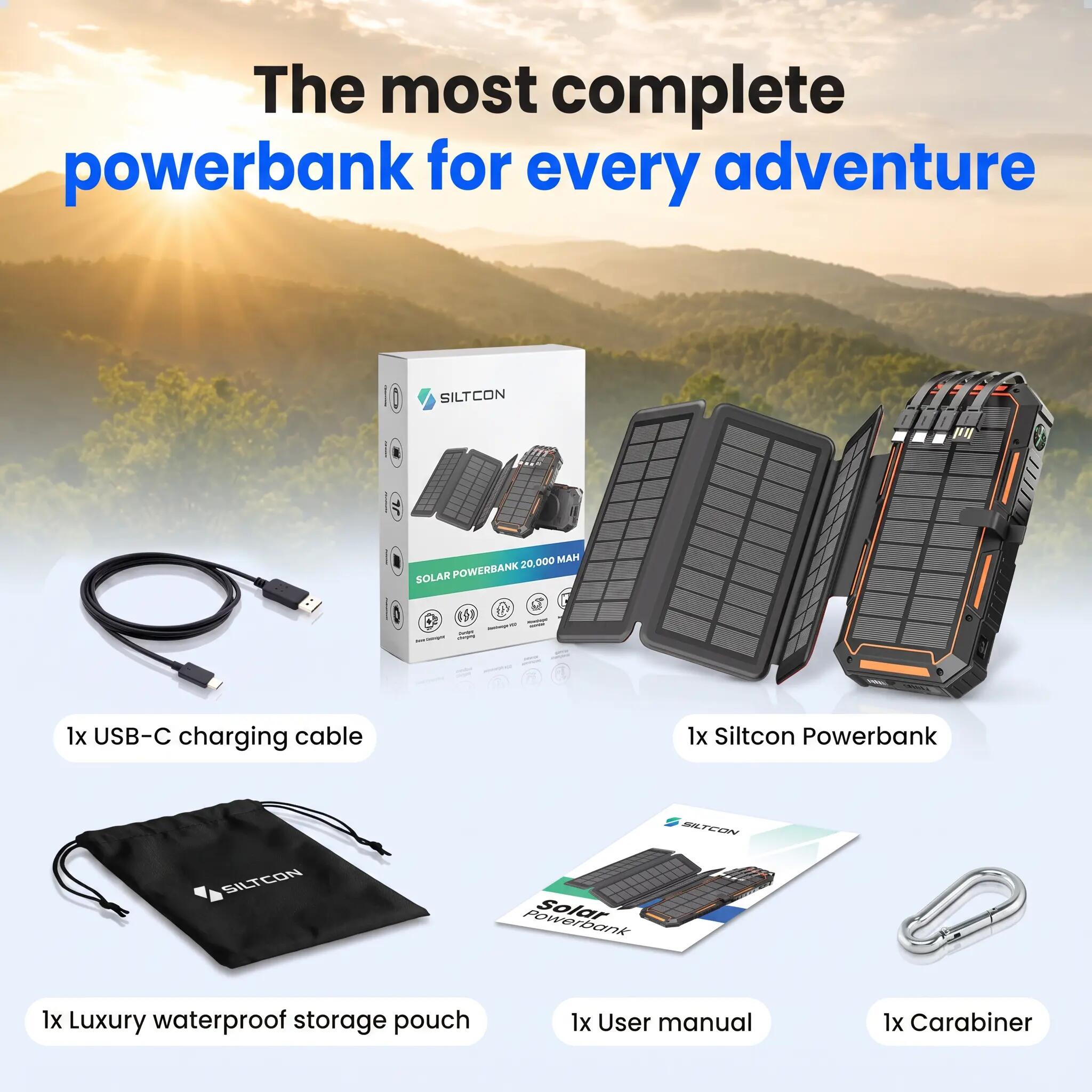 Powerbank Solar 20000mAh - Draadloos - Handslinger - 4 Panelen 8/12