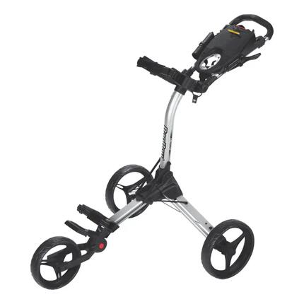 Le Compact 3 est un chariot de golf argent/noir.