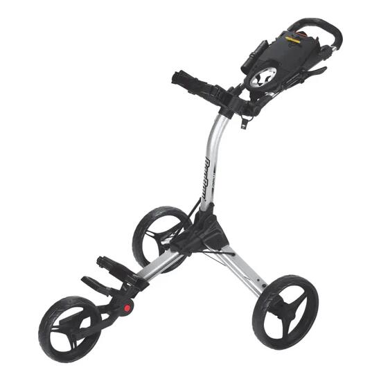 Le Compact 3 est un chariot de golf argent/noir.