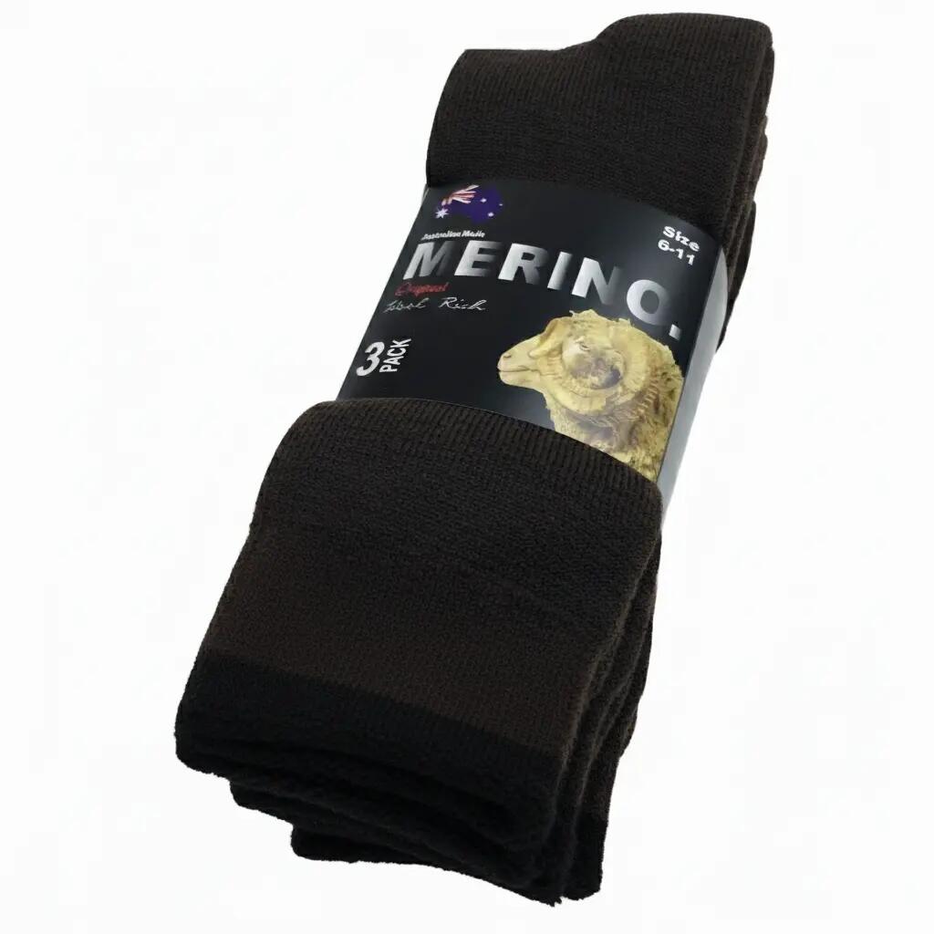 3 Pairs MERINO WOOL SOCKS Mens Heavy Duty Premium Thick Work Socks in Brown - 6-
