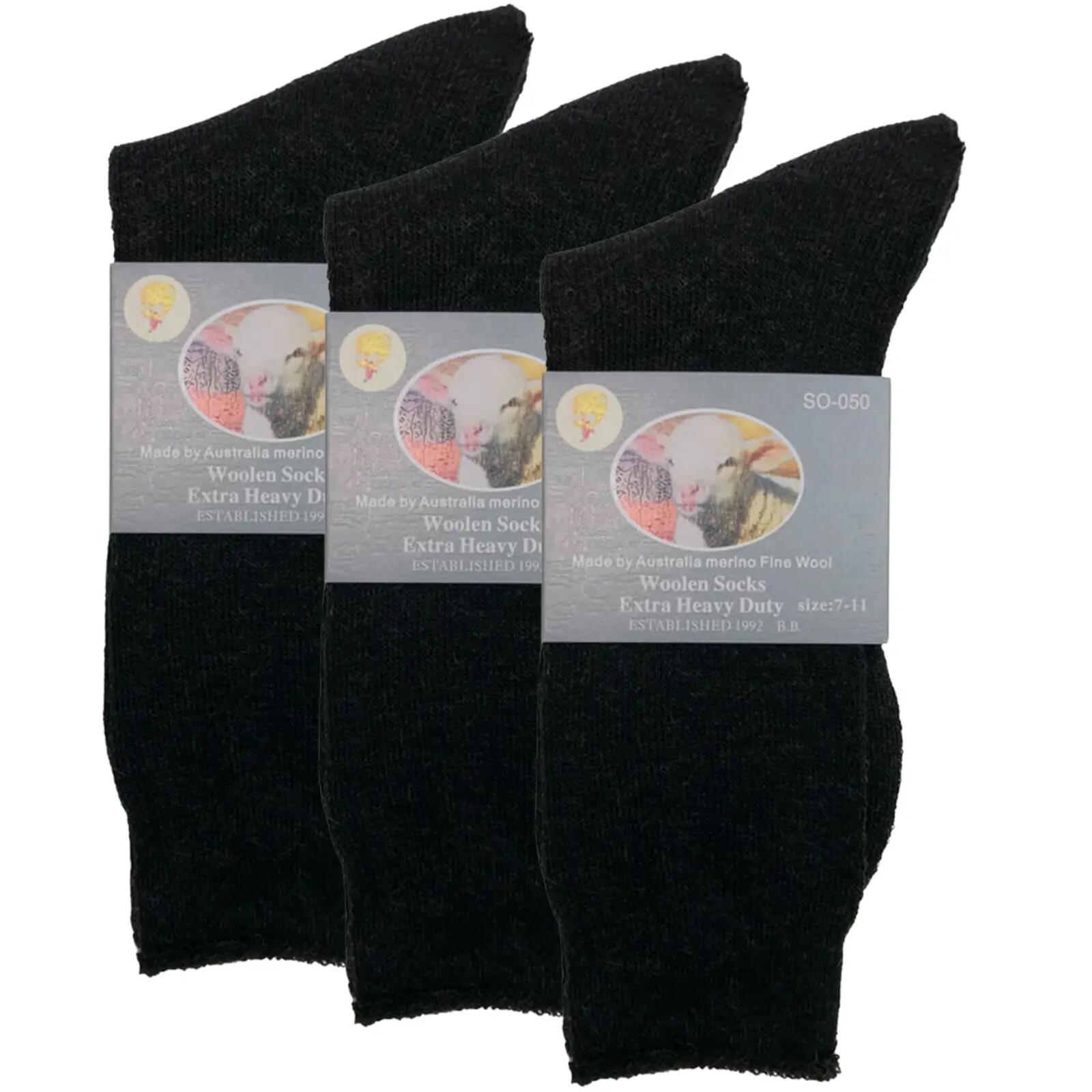 3 Pairs Merino Wool Blend Woolen Work Socks Hiking Heavy Duty Warm Thermal - Bla