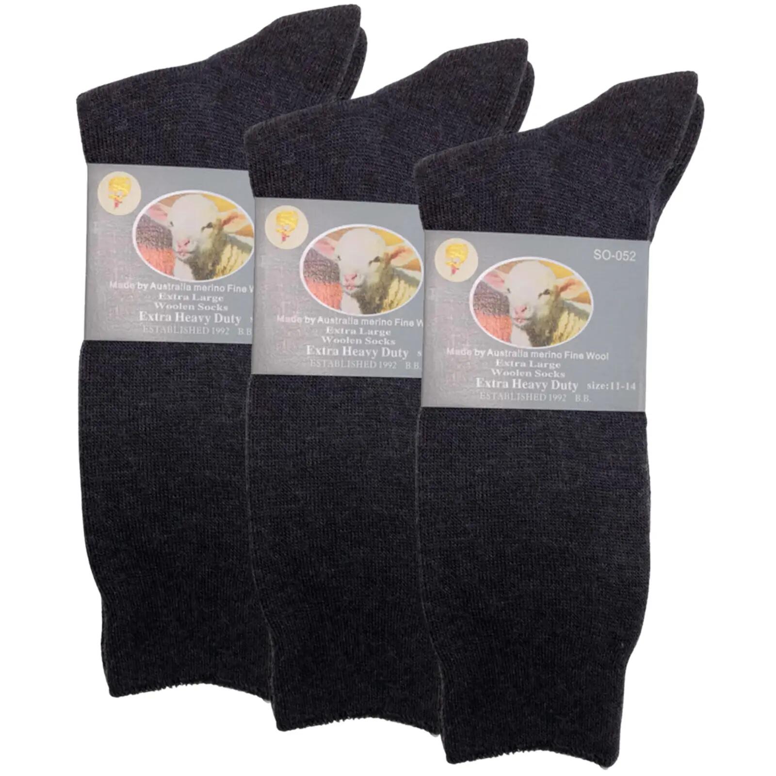 3 Pairs Merino Wool Blend Woolen Work Socks Hiking Heavy Duty Warm Thermal - Cha