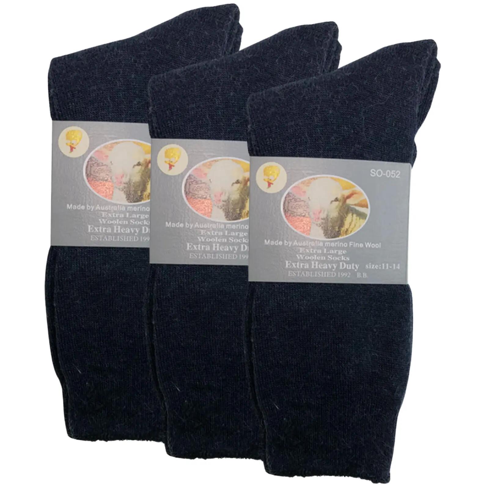 3 Pairs Merino Wool Blend Woolen Work Socks Hiking Heavy Duty Warm Thermal - Nav