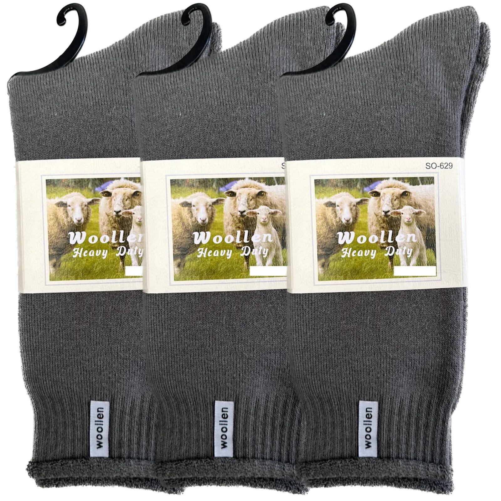3 Pairs Premium Mens Wool Heavy Duty Thick Work Socks Cushion Woolen - Grey - 7-