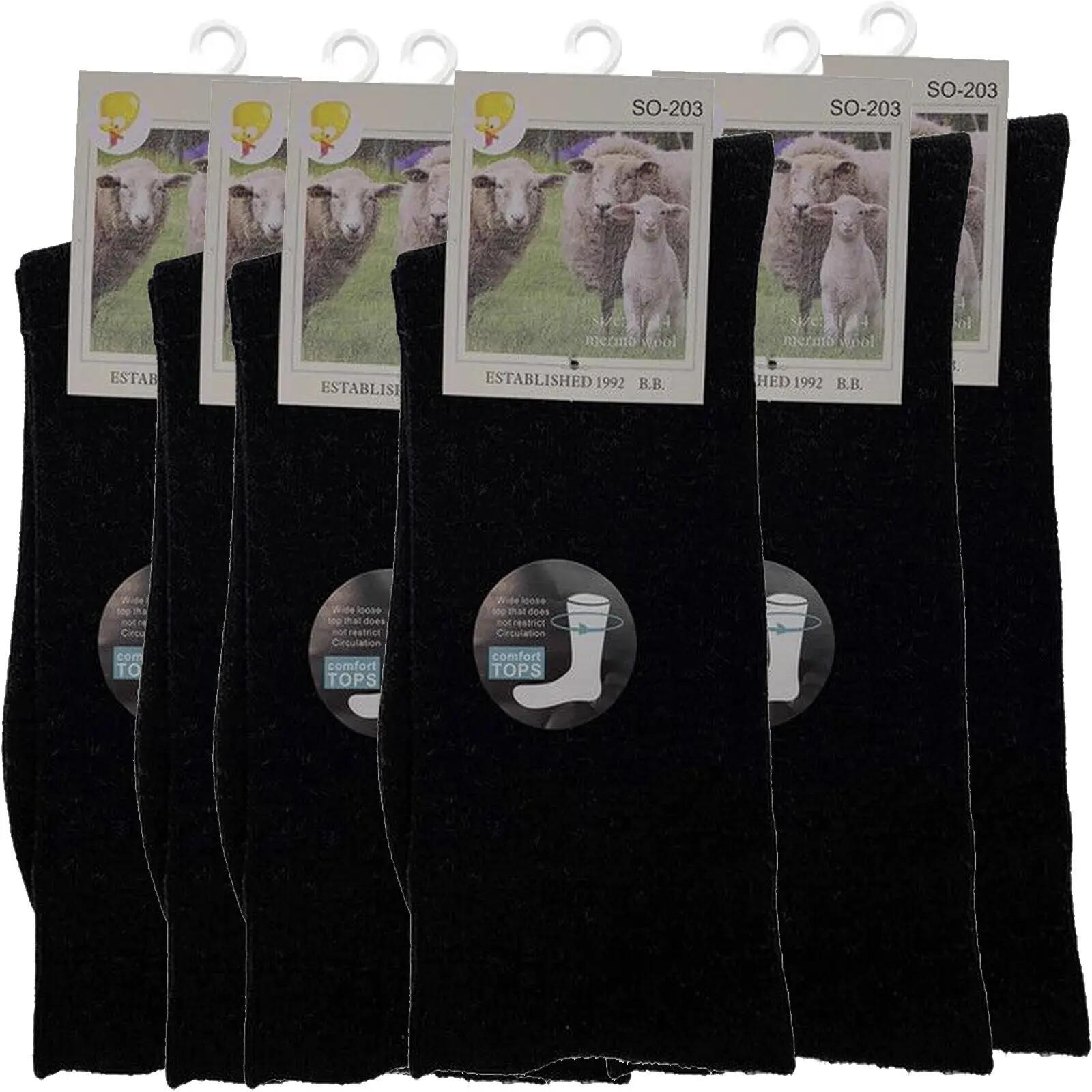 Merino Wool Mens Thermal Diabetic Socks Loose Top Circulation 6 Pairs - Black -