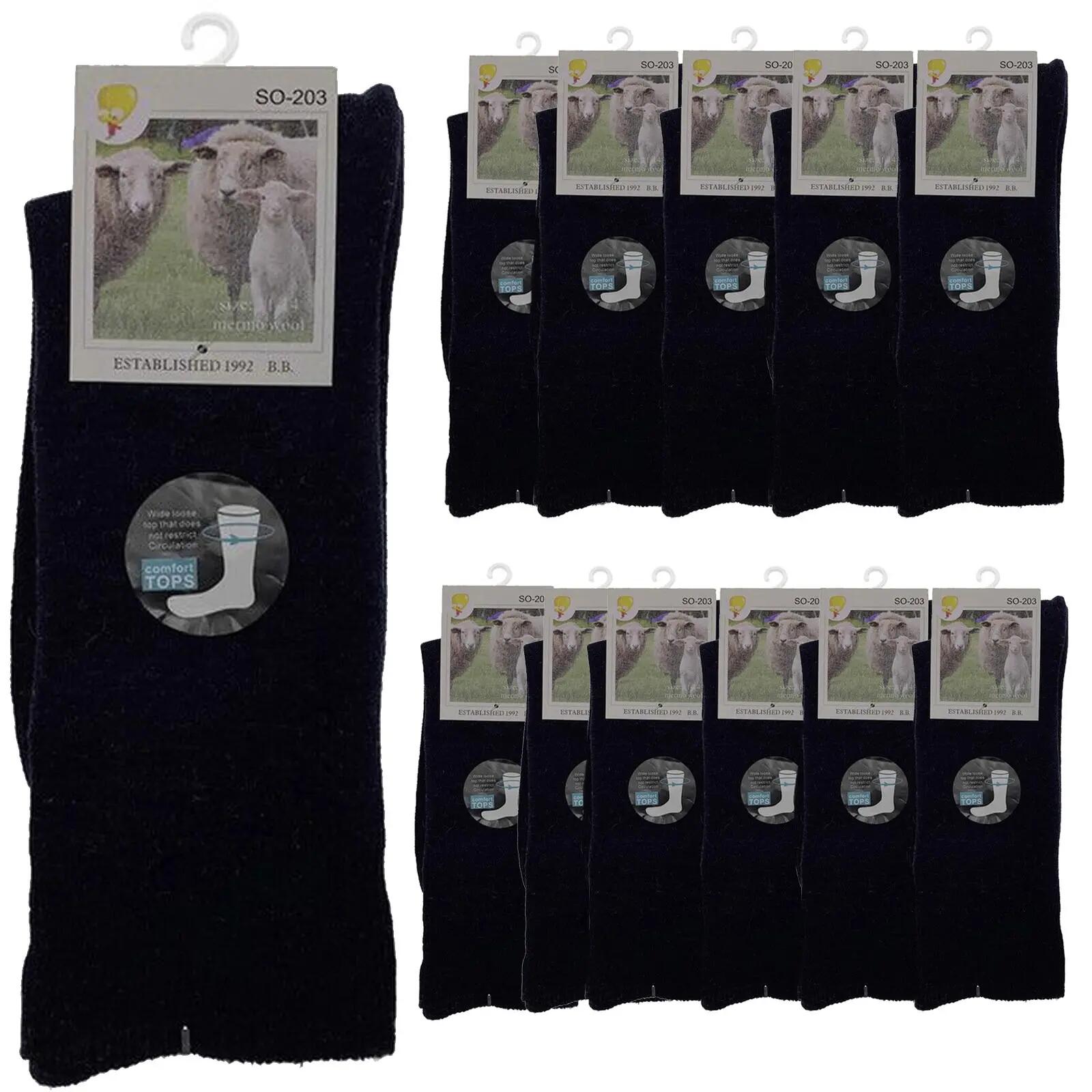 Merino Wool Mens Thermal Diabetic Socks Loose Top Circulation 12 Pairs - Navy -