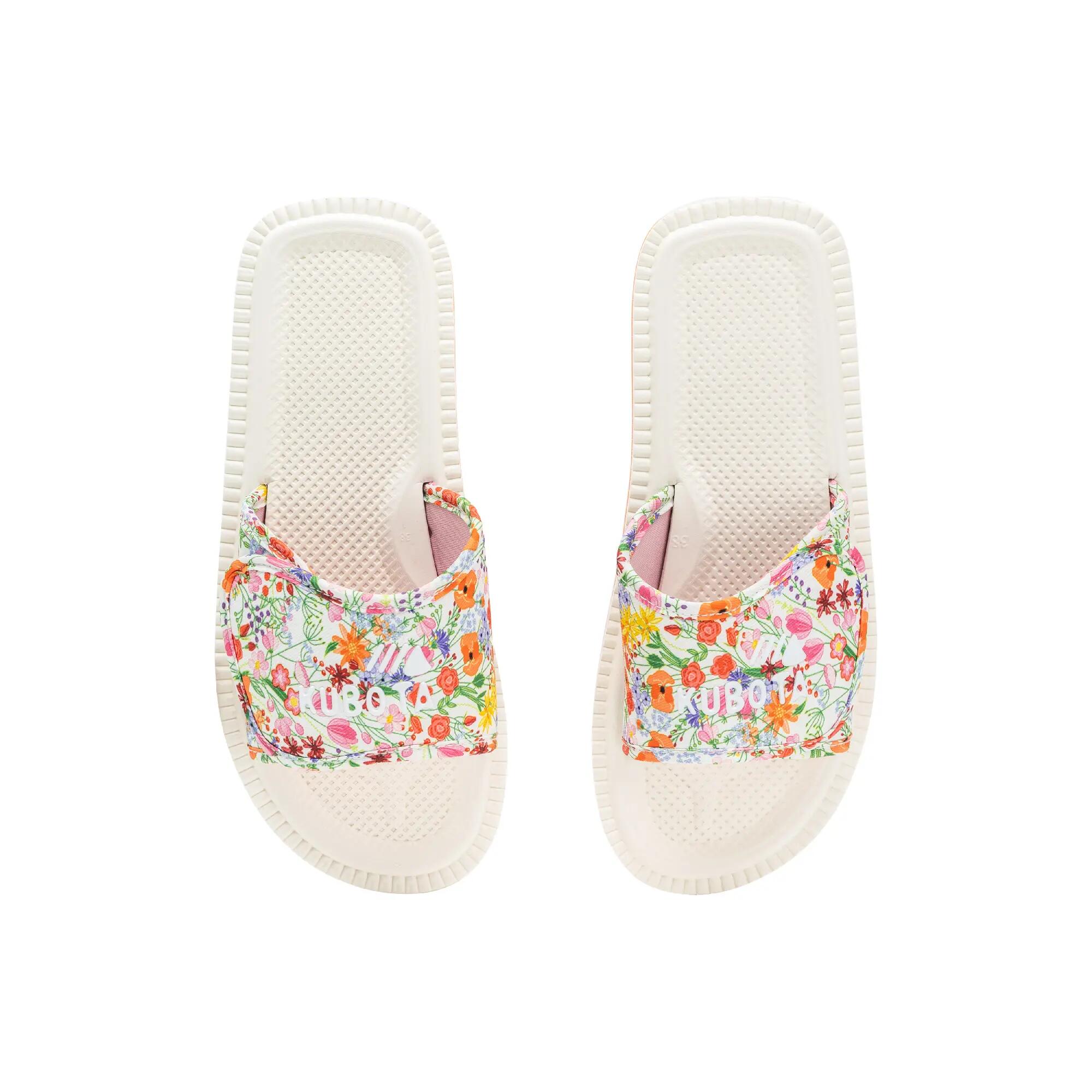 Kubota Femme Claquettes à Scratch Motif Fleurs Écru 6/6