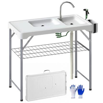 Table pliante de camping - Camping - Table polyvalente - 2 éviers - Blanc