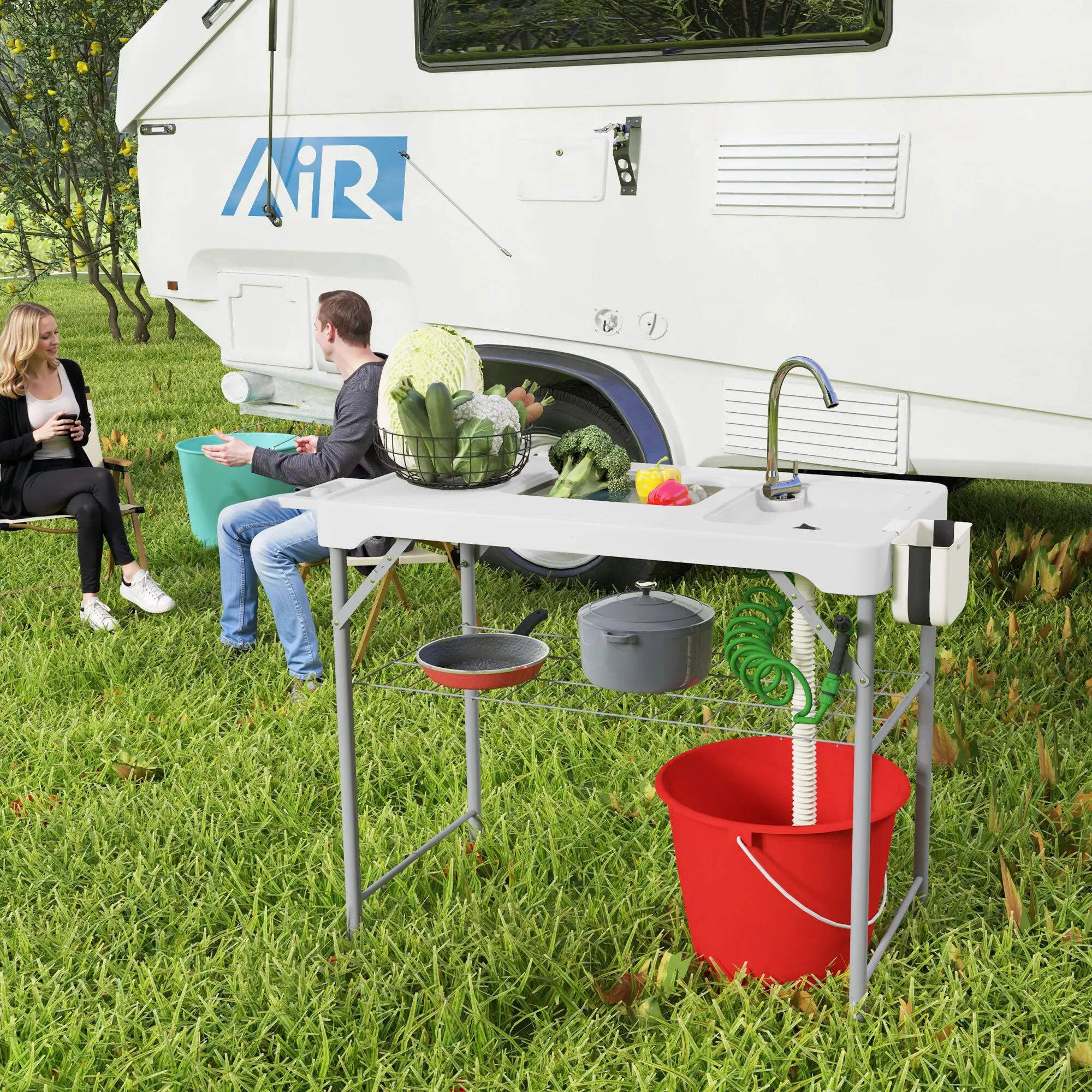 Table pliante de camping - Camping - Table polyvalente - 2 éviers - Blanc 4/6