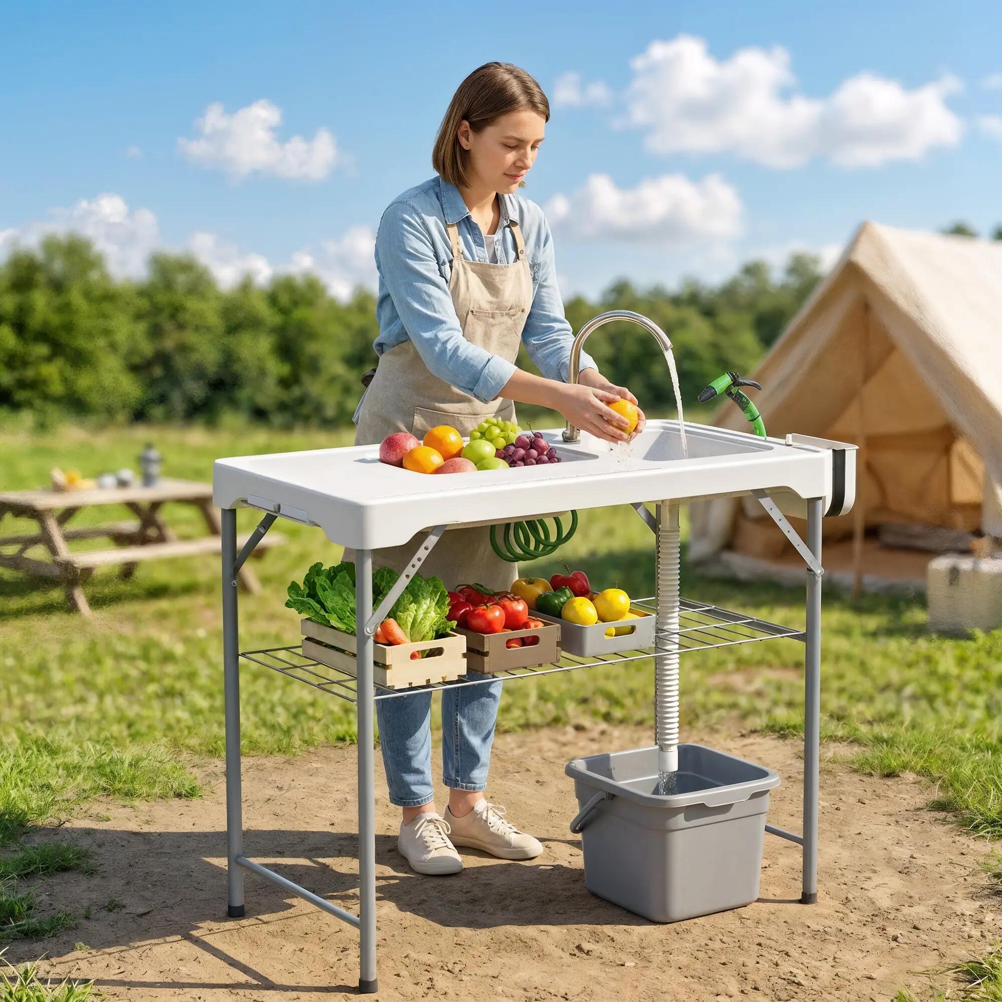 Table pliante de camping - Camping - Table polyvalente - 2 éviers - Blanc 3/6