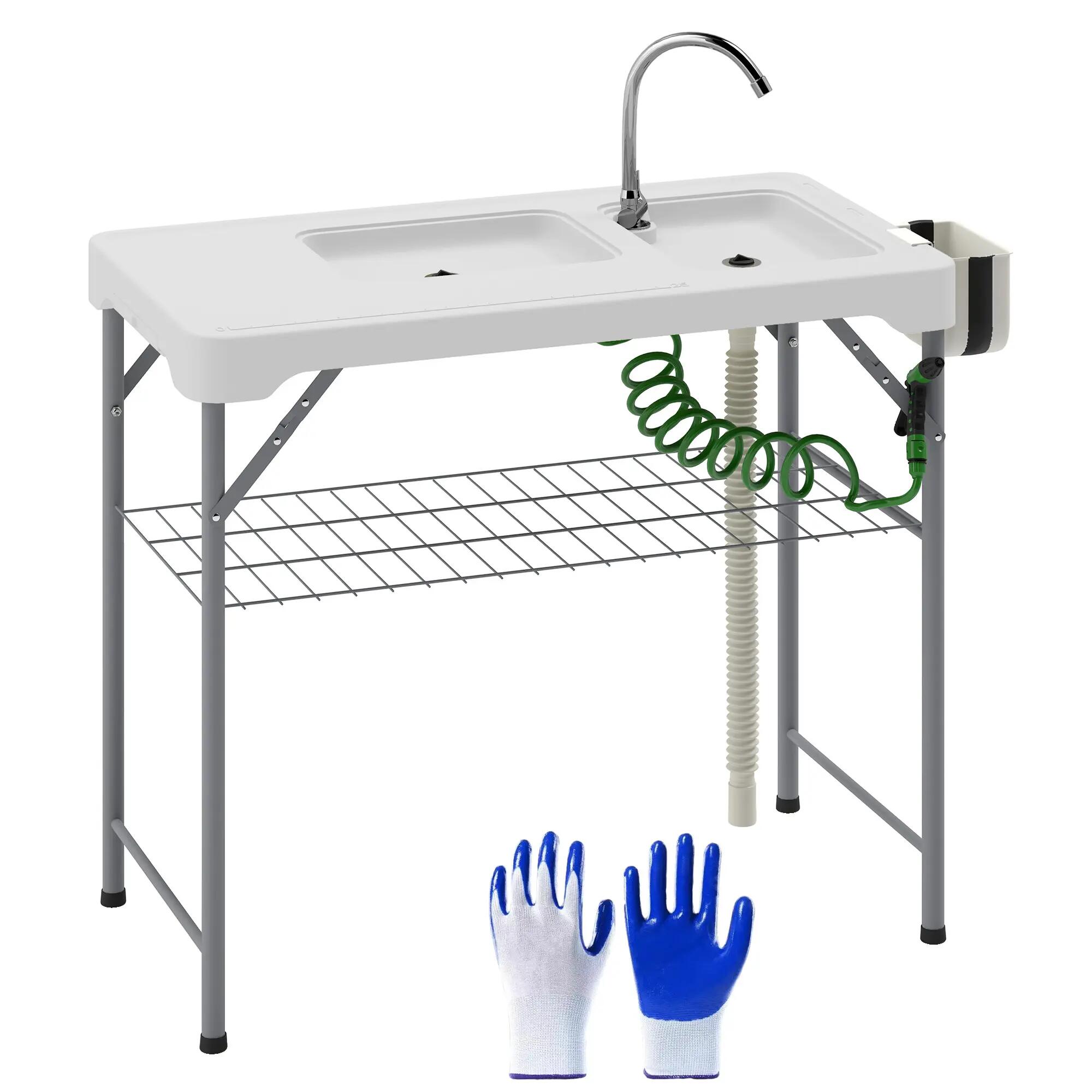 Table pliante de camping - Camping - Table polyvalente - 2 éviers - Blanc 2/6