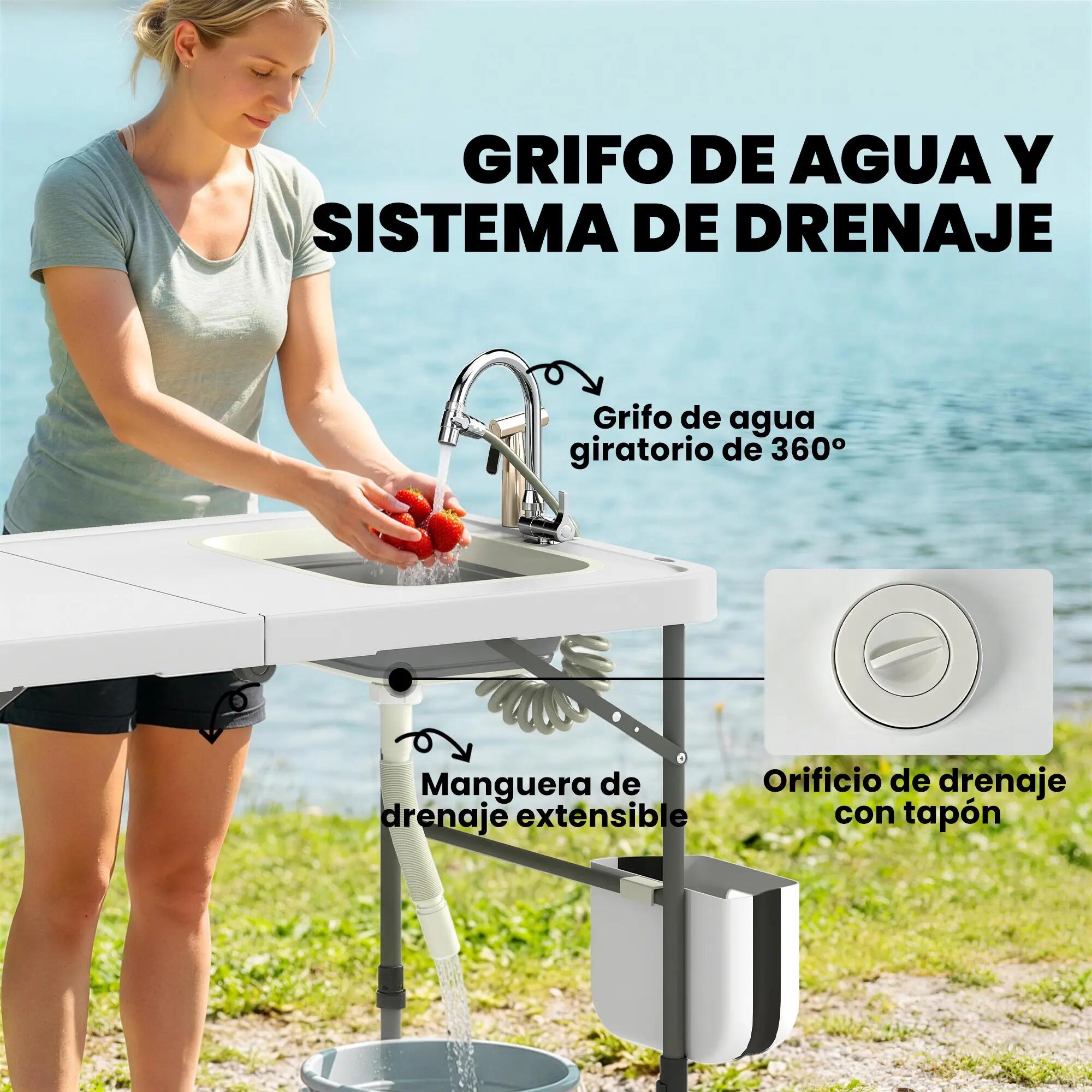 Table de camping pliante avec évier, robinet, hauteur réglable, seau pliable 6/9