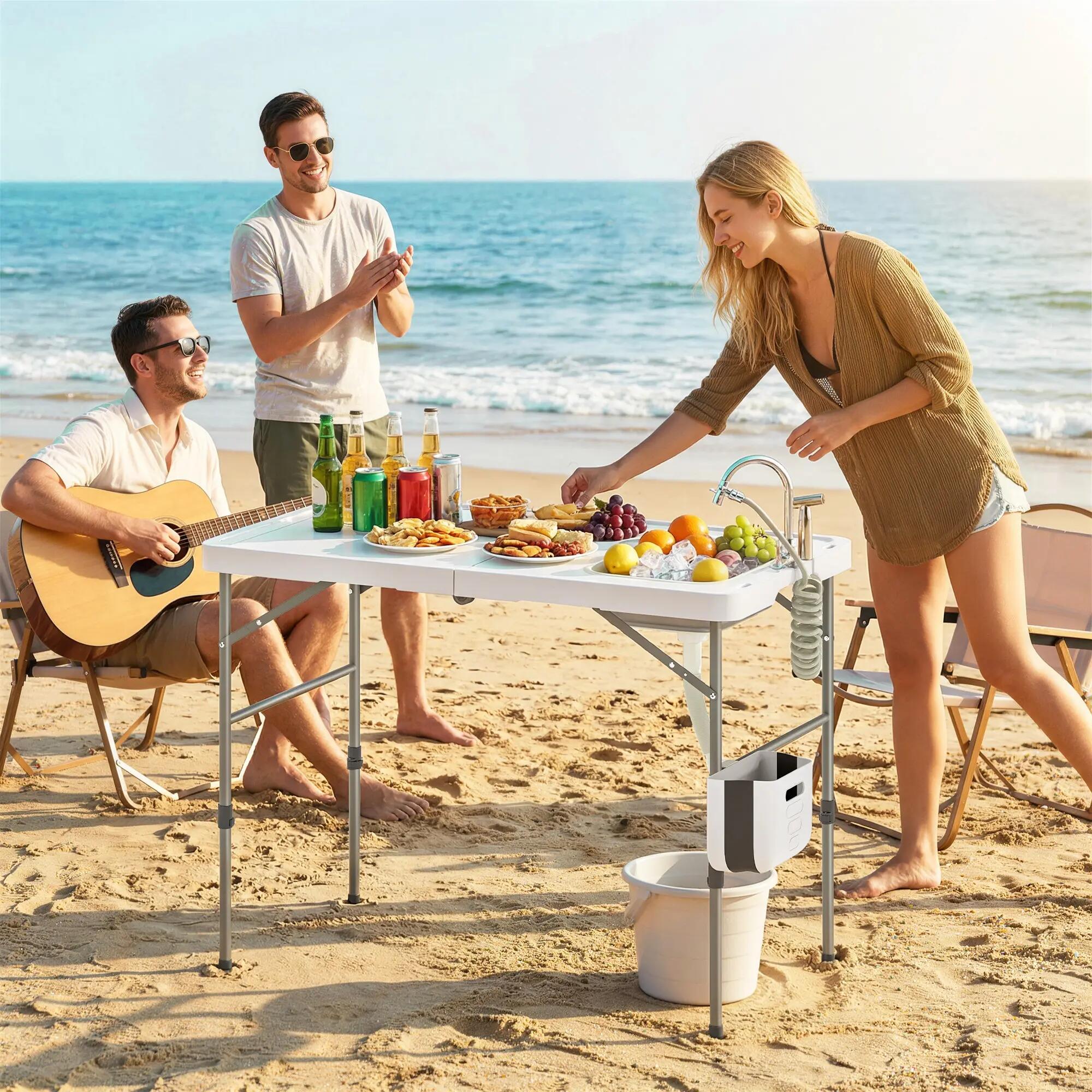 Table de camping pliante avec évier, robinet, hauteur réglable, seau pliable 4/9