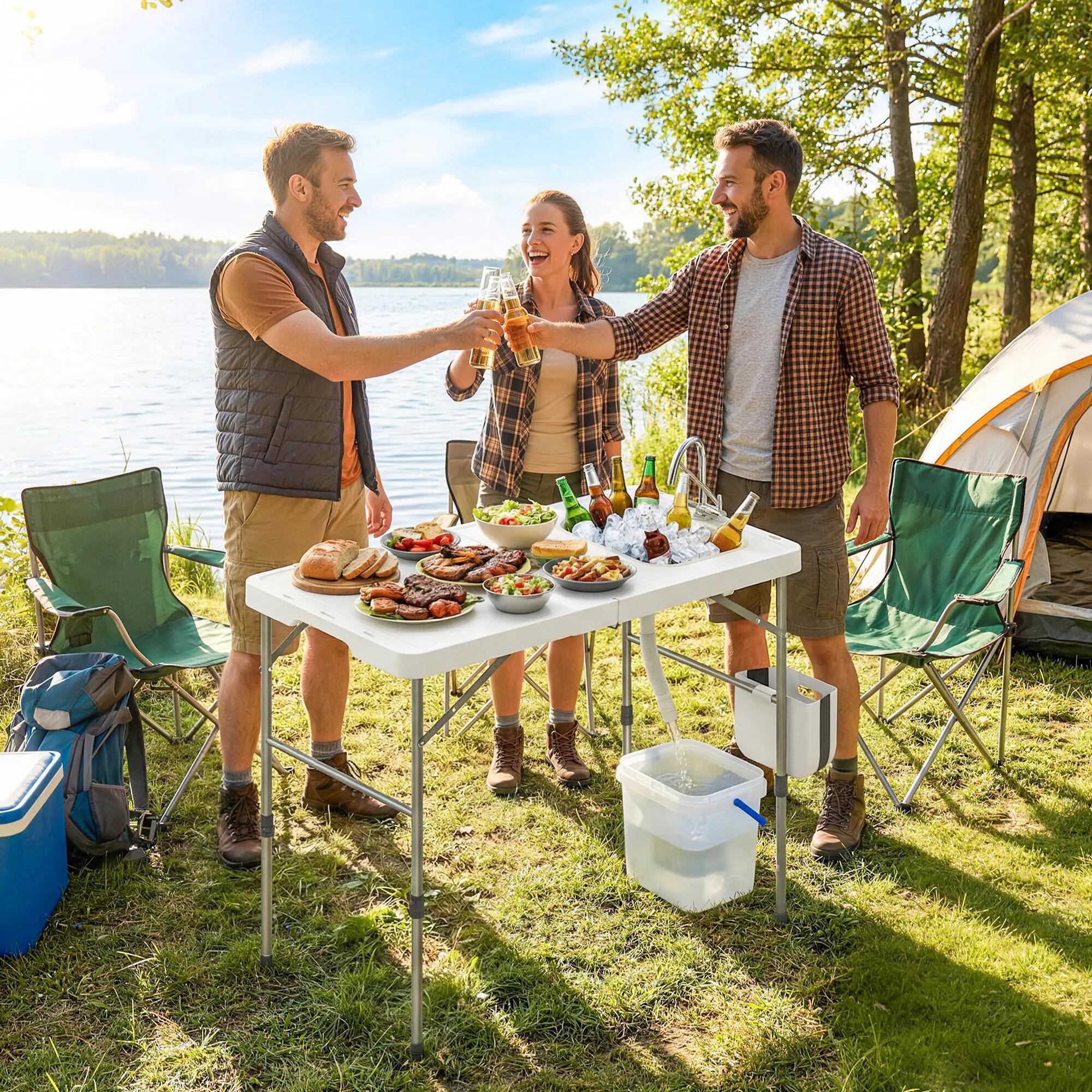 Table de camping pliante avec évier, robinet, hauteur réglable, seau pliable 3/9