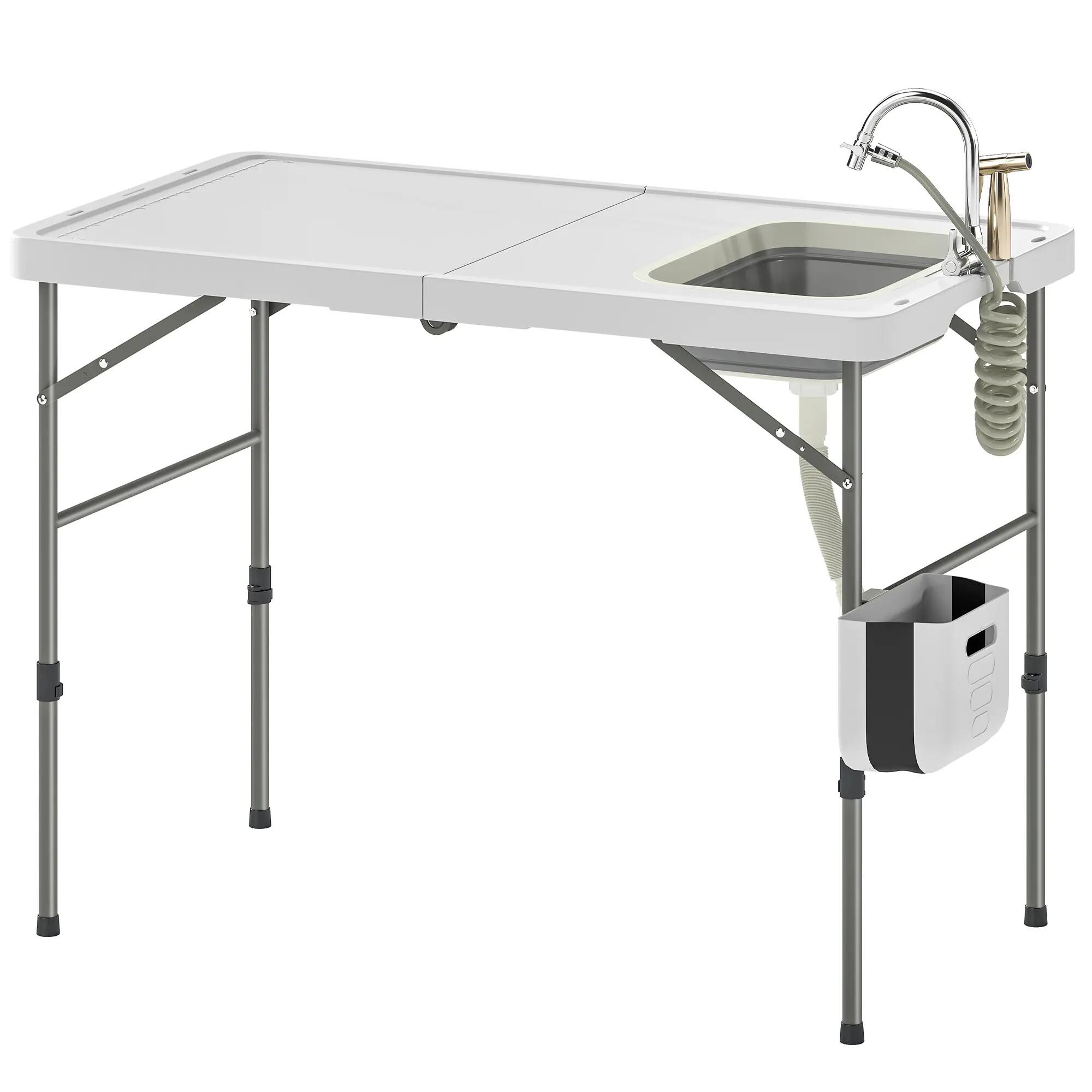 Table de camping pliante avec évier, robinet, hauteur réglable, seau pliable 2/9