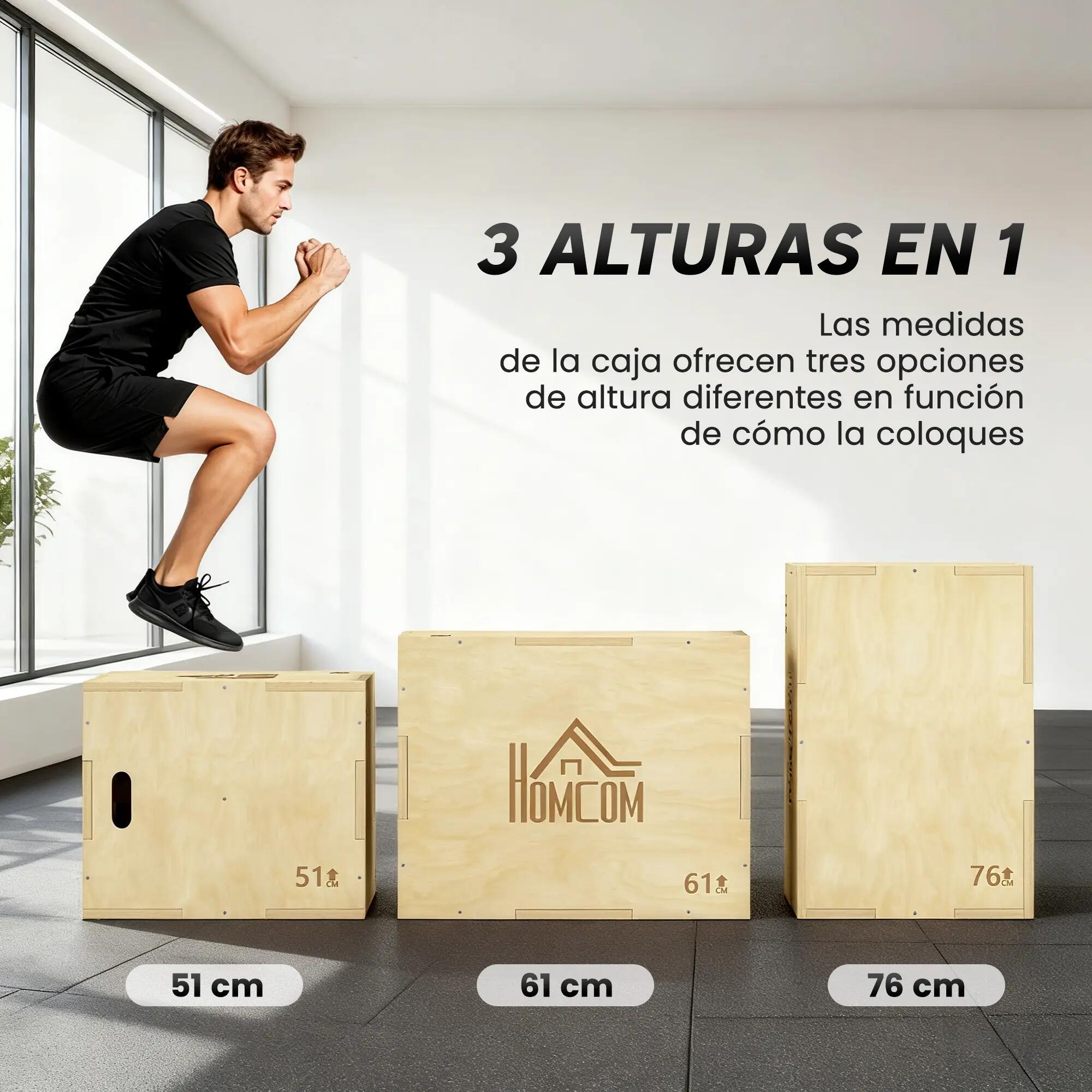 Caisse saut 3 en 1 bois 2 poignées creuses 120 kg maison bureau gym 61x51x76 cm 6/6