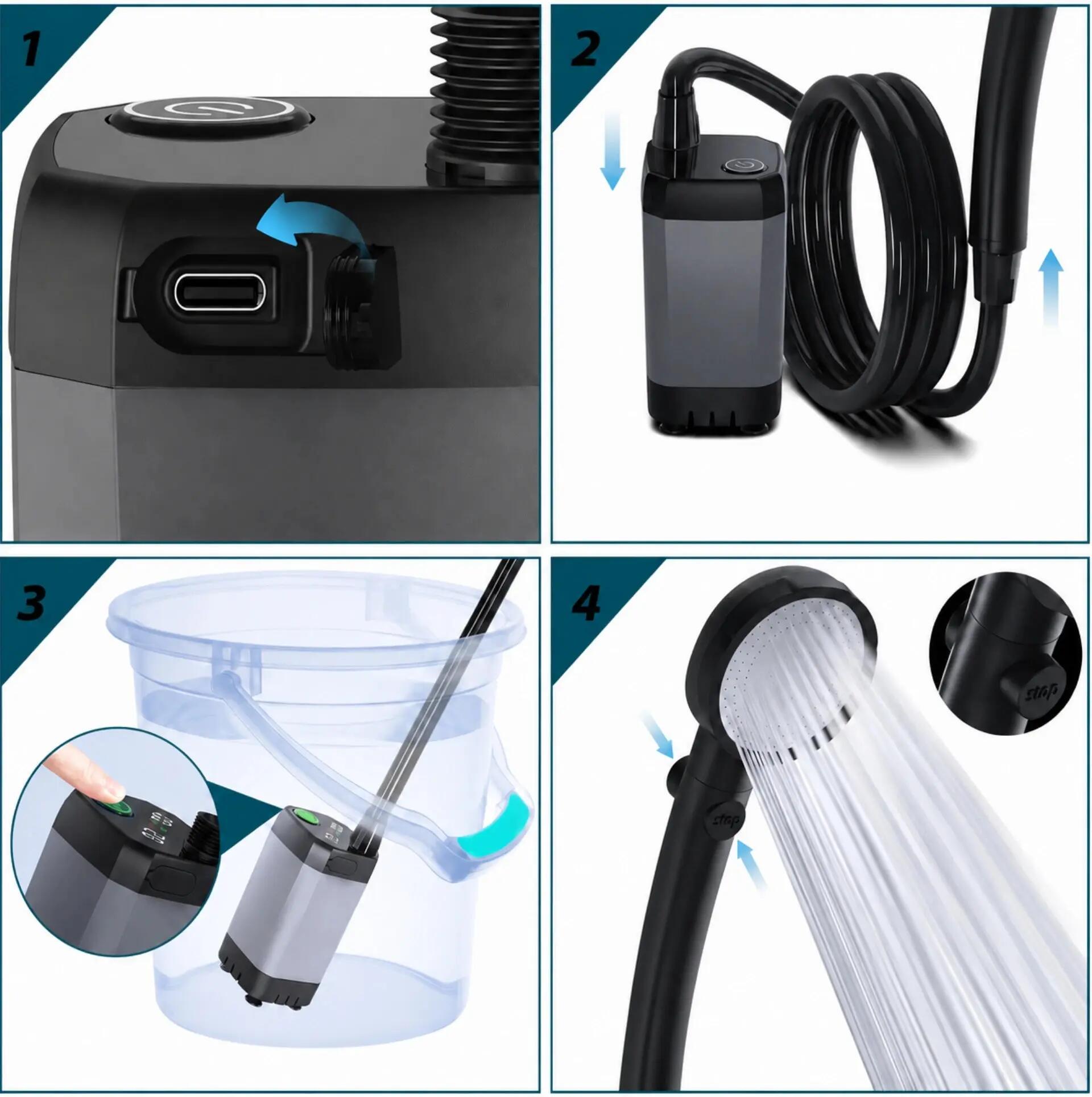 Douche portable électrique camping rechargeable USB-C 6000 mAh écran LED 4 modes 3/6