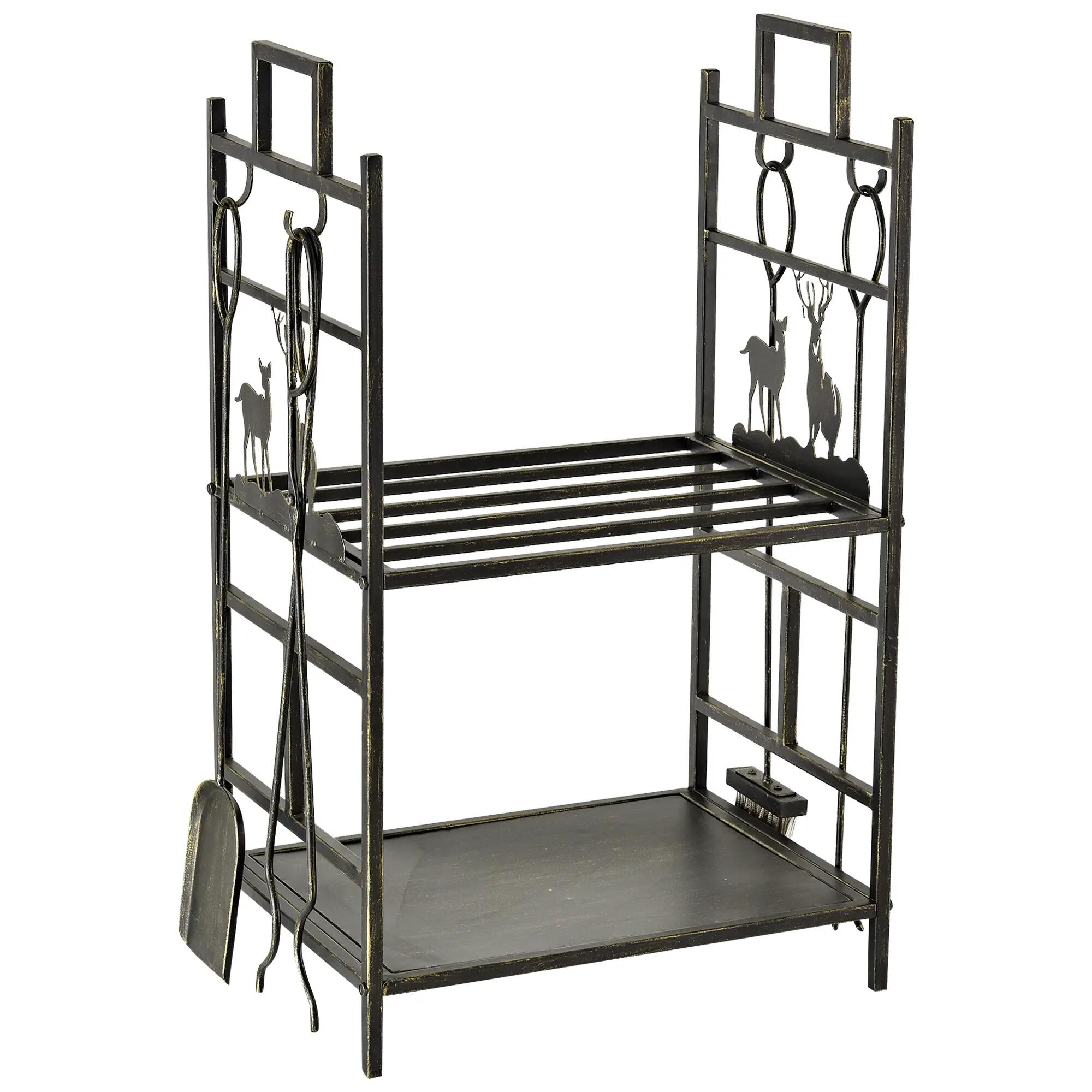 Soporte para leña de metal 2 niveles con herramientas 1/6