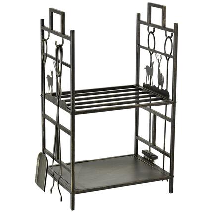 Soporte para leña de metal 2 niveles con herramientas