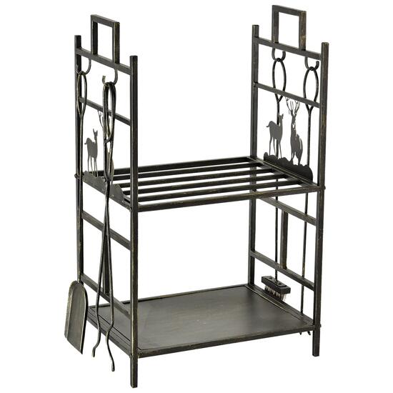 Soporte para leña de metal 2 niveles con herramientas