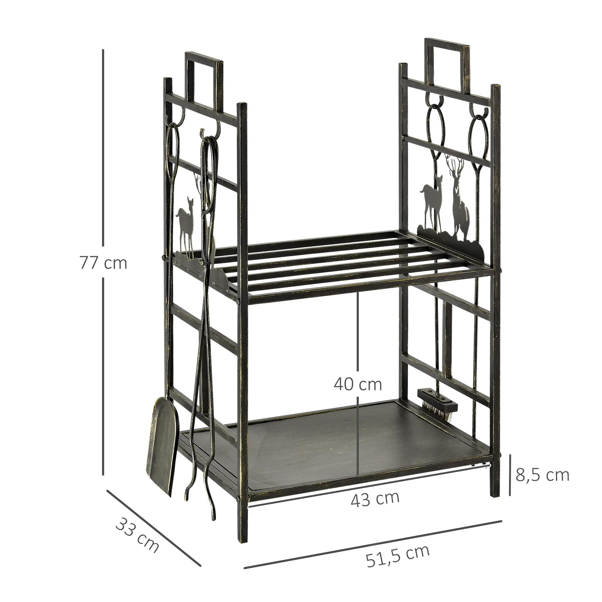 Soporte para leña de metal 2 niveles con herramientas 3/6