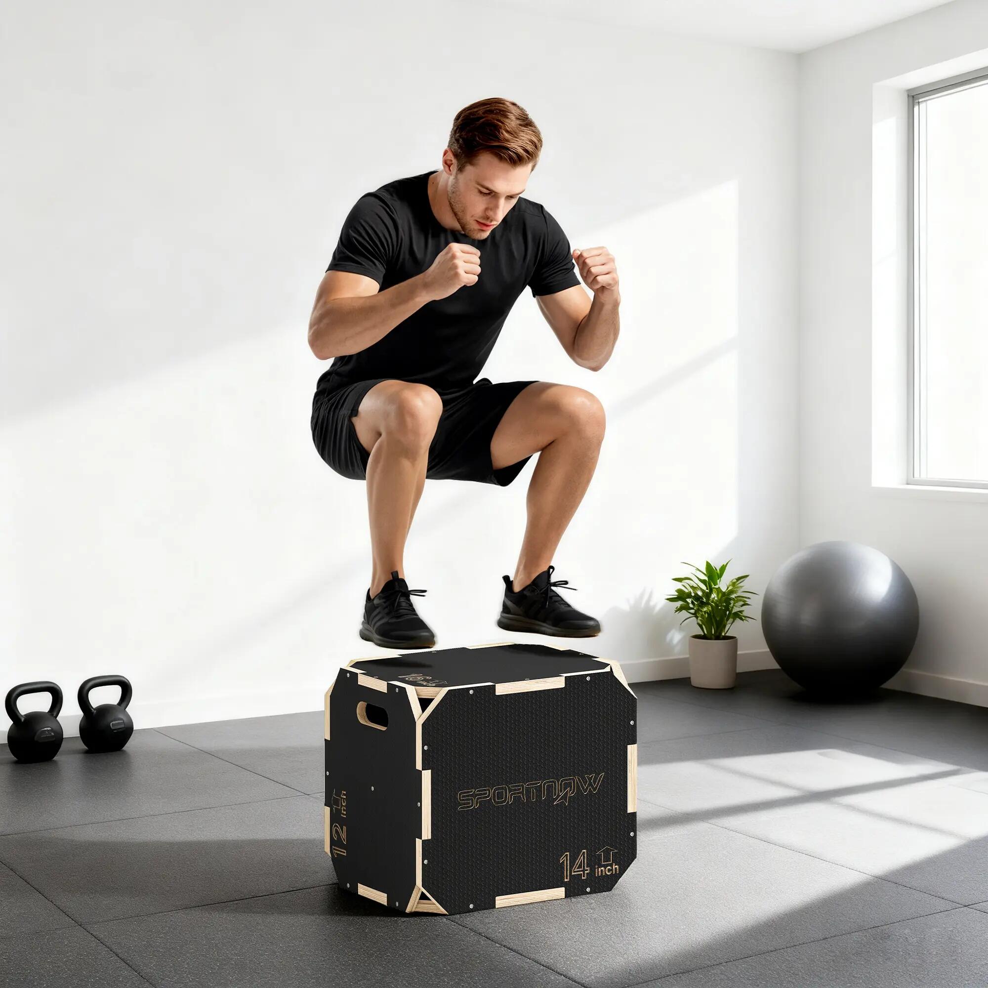 Boîte plyométrie bois 3en1 poignées sans angles saut 41x36x31cm noire 3/6