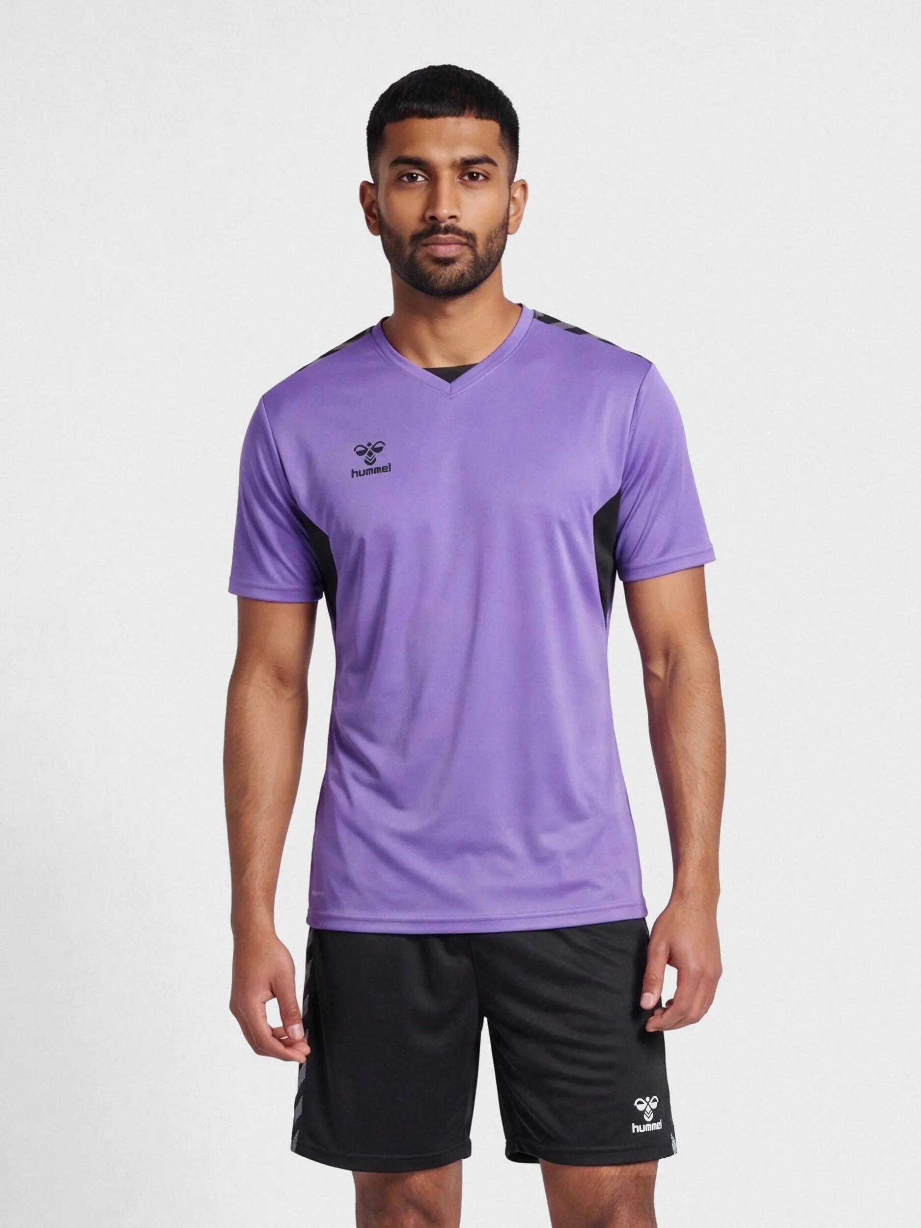 hummel T-shirt hmlAUTHENTIC PL JERSEY S/S en polyester – DAHLIA PURPLE/ASPHALT 3/3