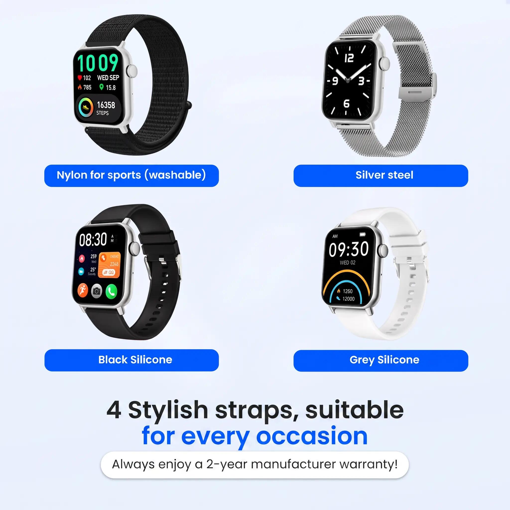 Smartwatch Pro belfunctie hartslagmeter 4 bandjes zilver 12/14