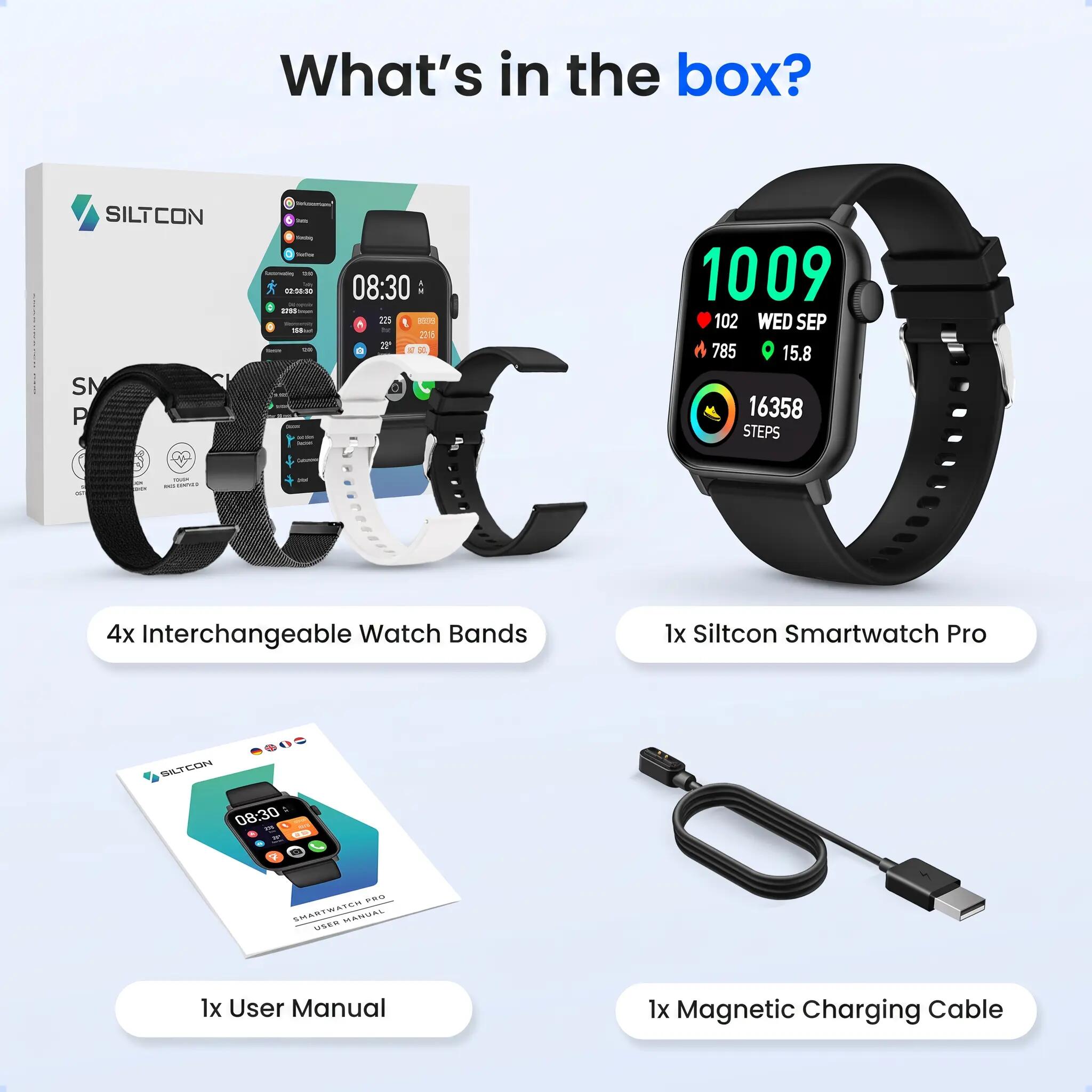 Smartwatch Pro Anruffunktion Herzfrequenzmesser 4 Armbänder schwarz 12/14