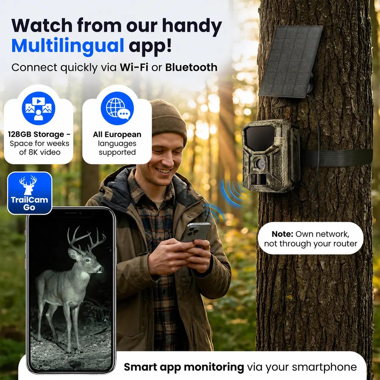 Wildkamera 8K 64 MP No-Glow WLAN Solarpanel 128 GB SD-Karte 4/15